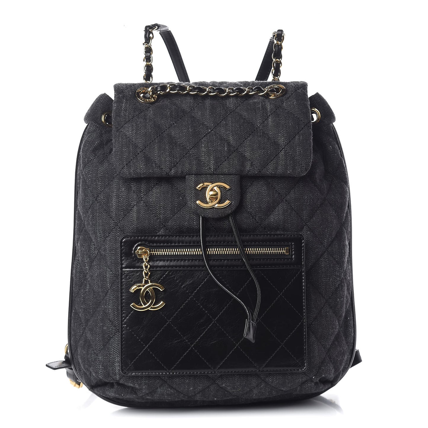Denim Calfskin Quilted Backpack Dark Grey Black