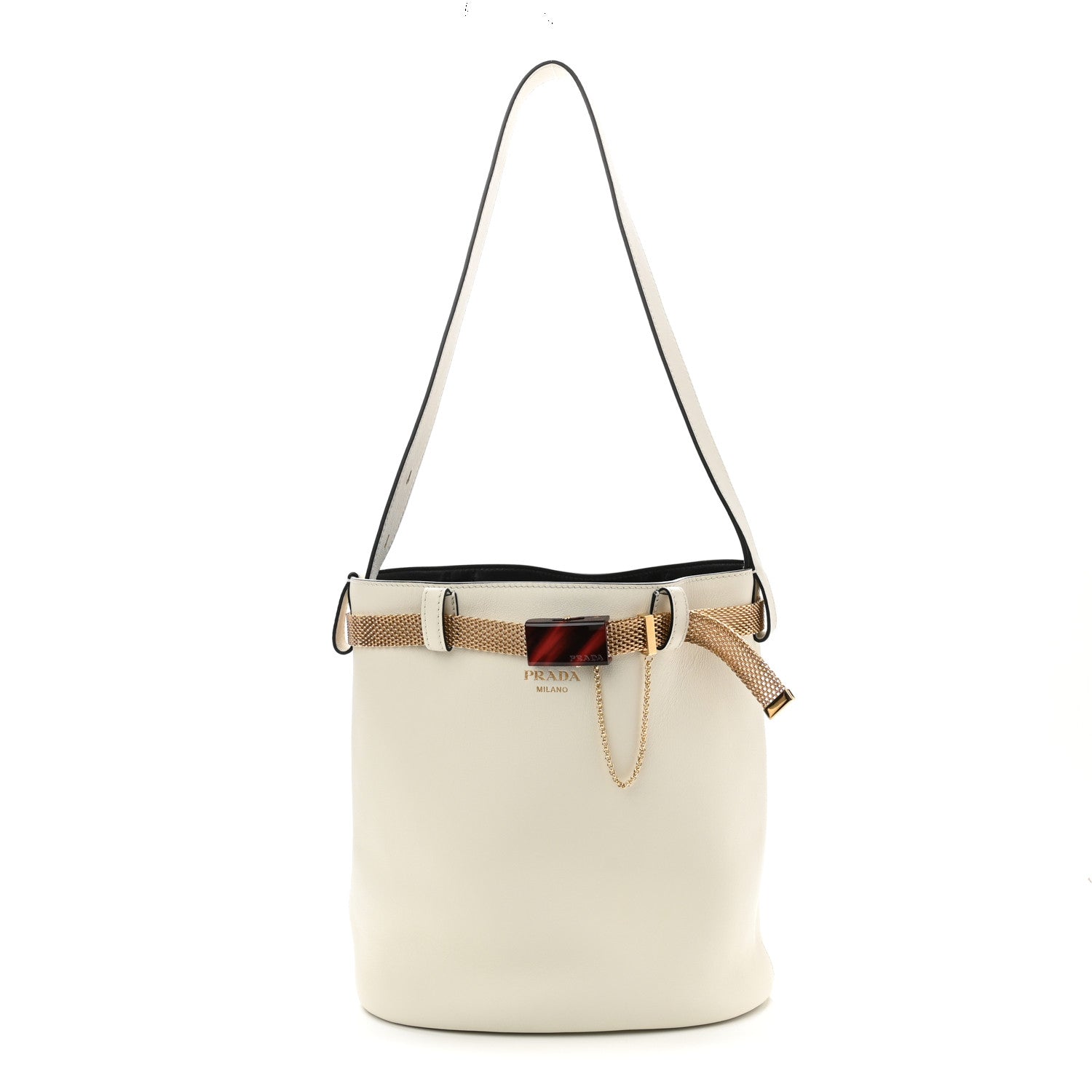 Prada Calfskin Buckle Bag With Jeweled Belt White Black 1 of 10