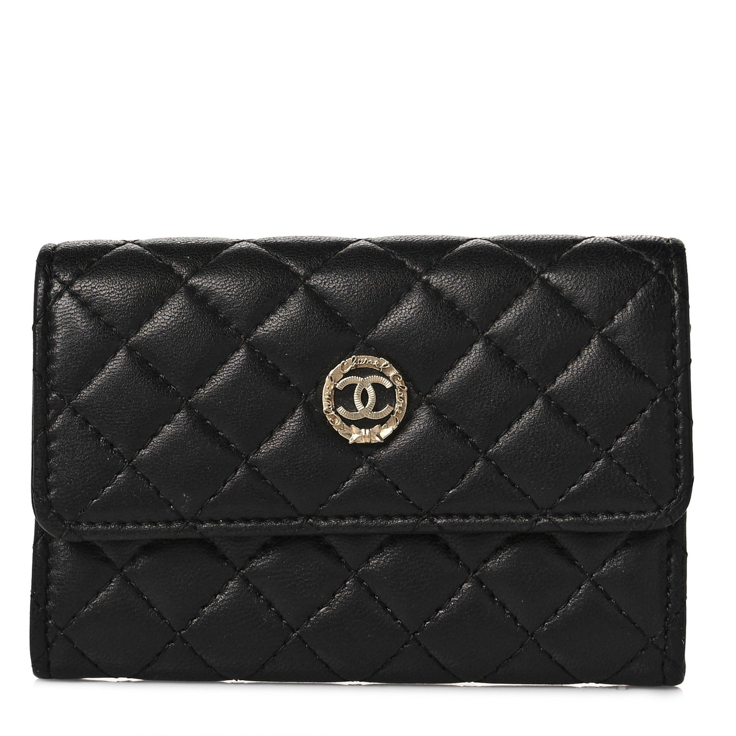 Lambskin Quilted Flap Card Holder Wallet Black