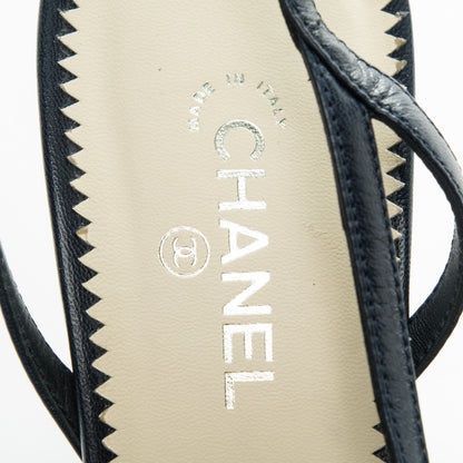 Chanel Lambskin Satin Cap Toe CC Slingback Heels 38 Navy Black 7 of 7