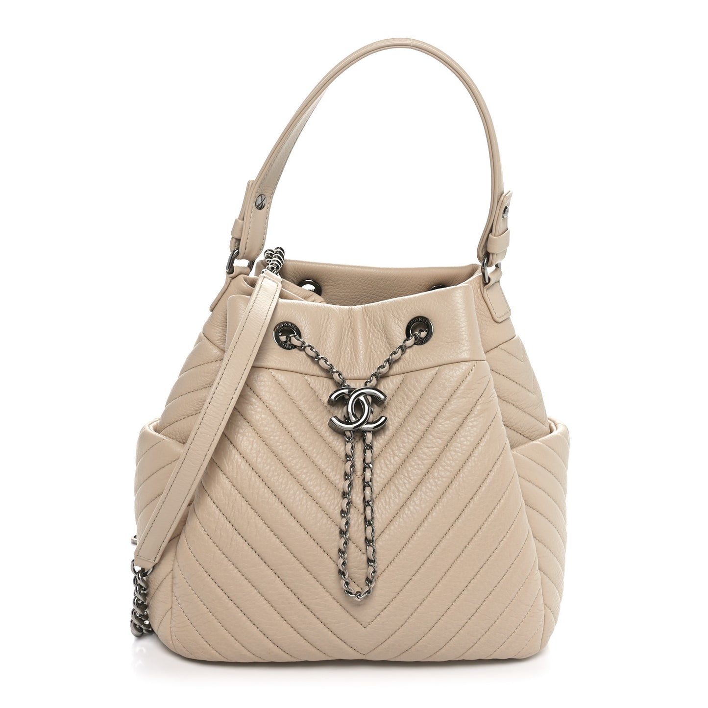 Deerskin Chevron Medium CC Chain Bucket Drawstring Bag Beige