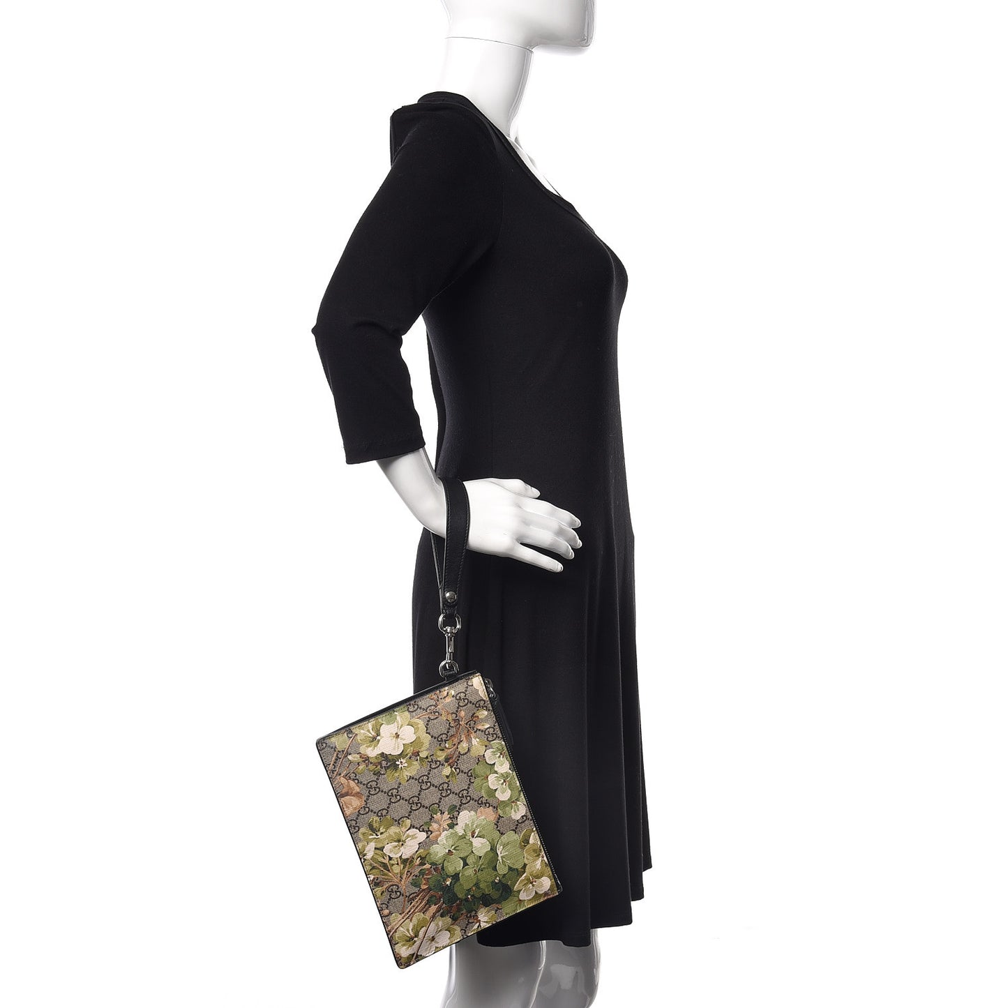 GG Supreme Monogram Blooms Small Zip Wristlet Pouch Beige New Military Black