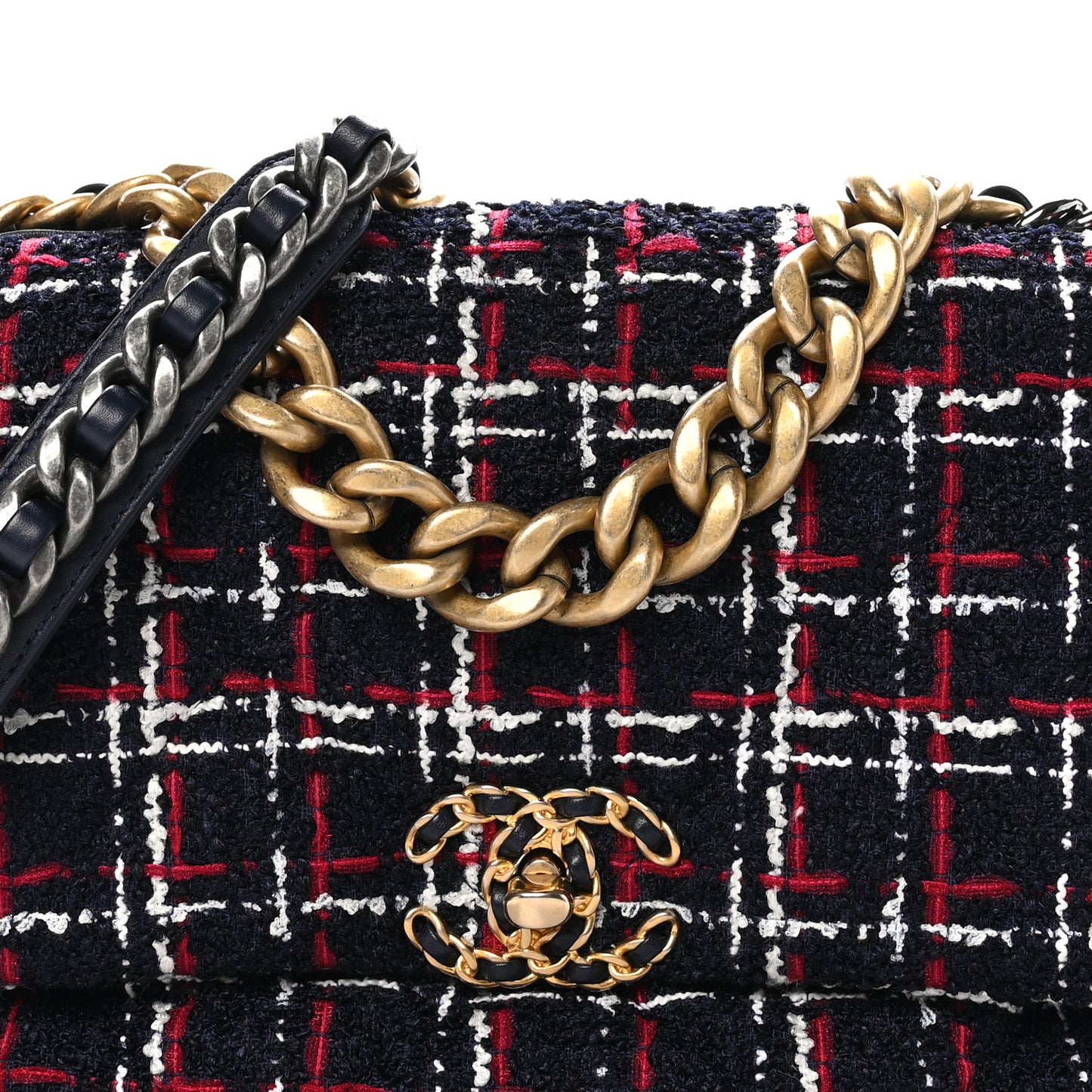 Tweed Quilted Large Chanel 19 Flap Navy Blue White Red