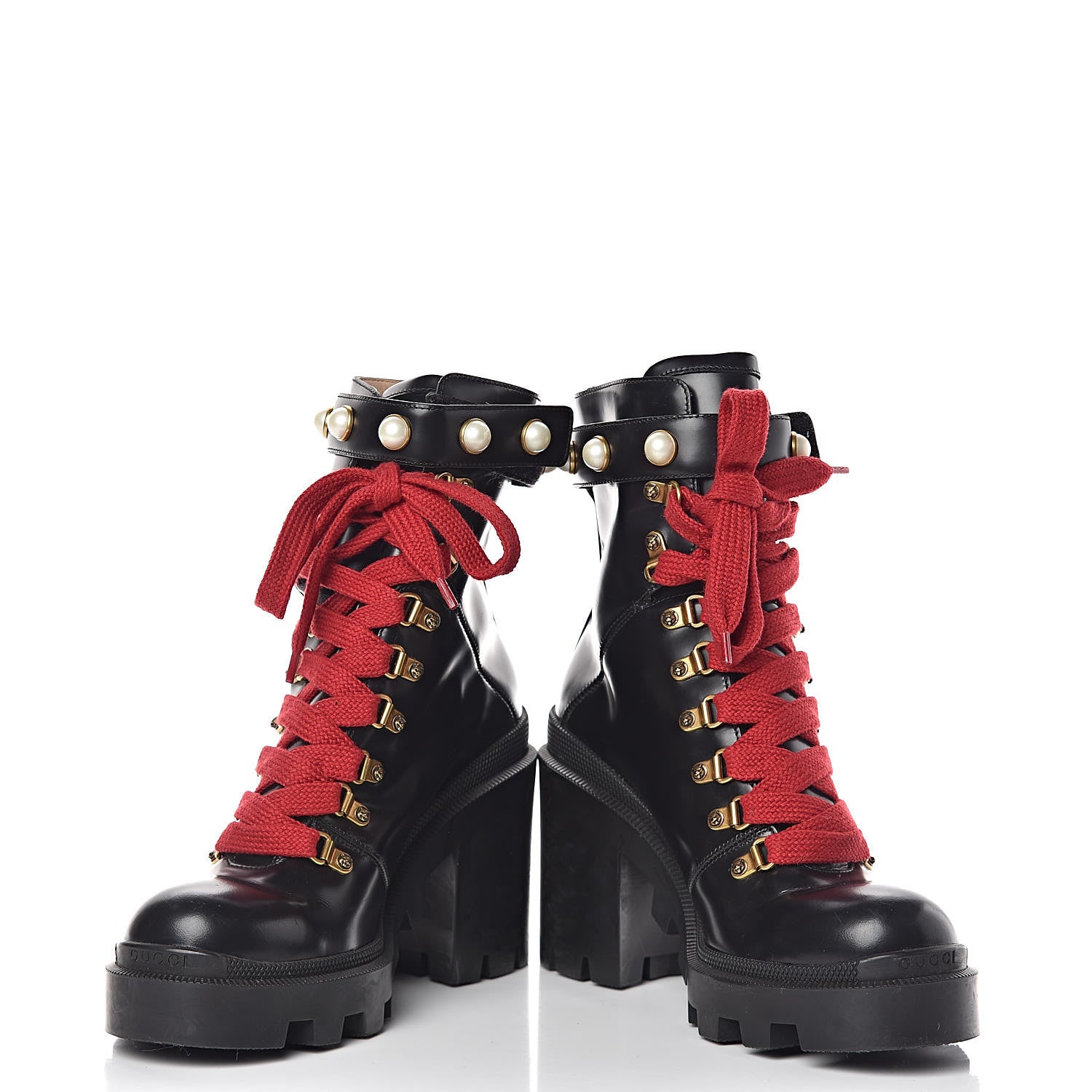 Gucci Calfskin Pearl Lace Up Combat Ankle Boots 40 Black 6 of 9