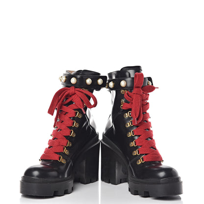 Gucci Calfskin Pearl Lace Up Combat Ankle Boots 40 Black 6 of 9