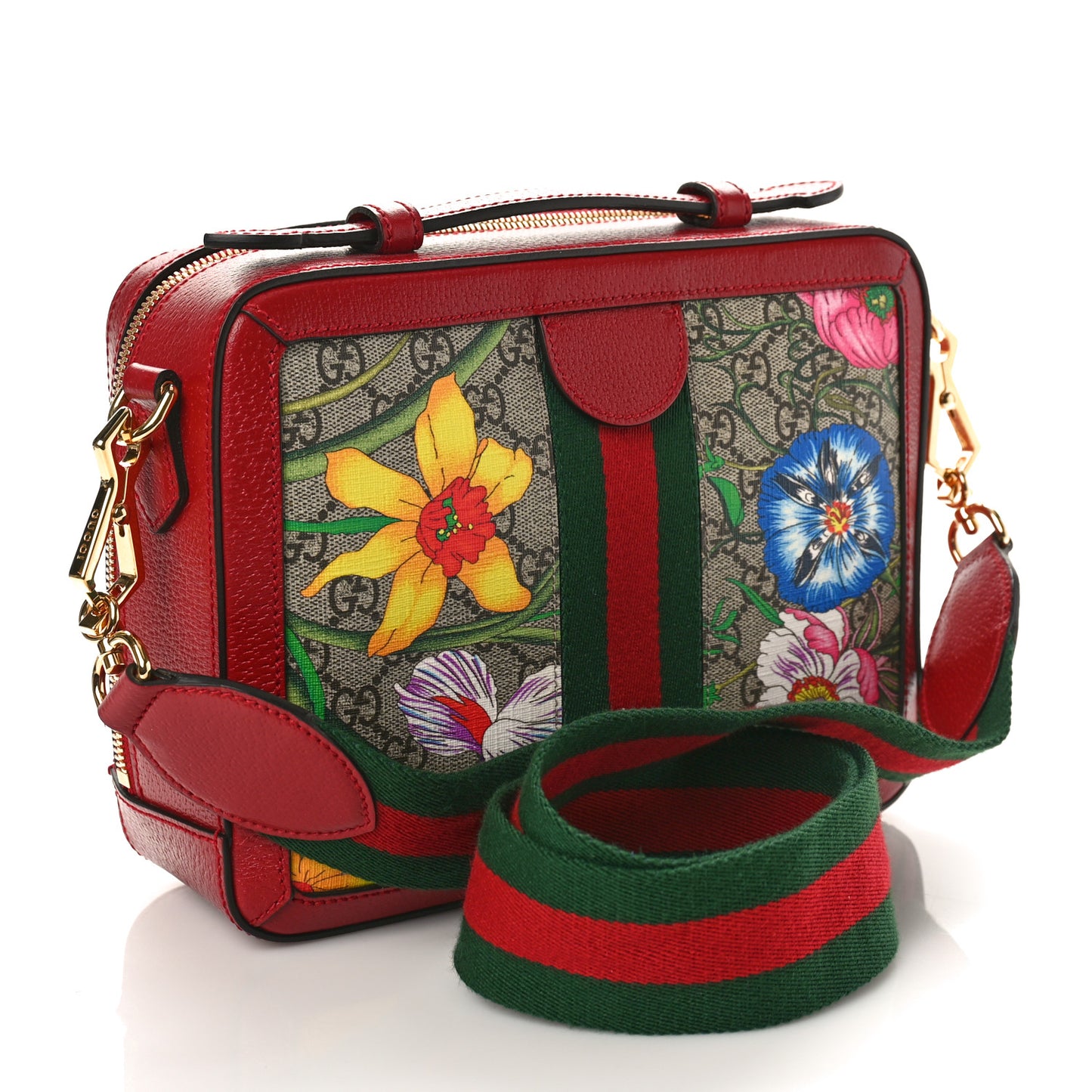 GG Supreme Monogram Flora Web Small Ophidia Top Handle Shoulder Bag Hibiscus Red