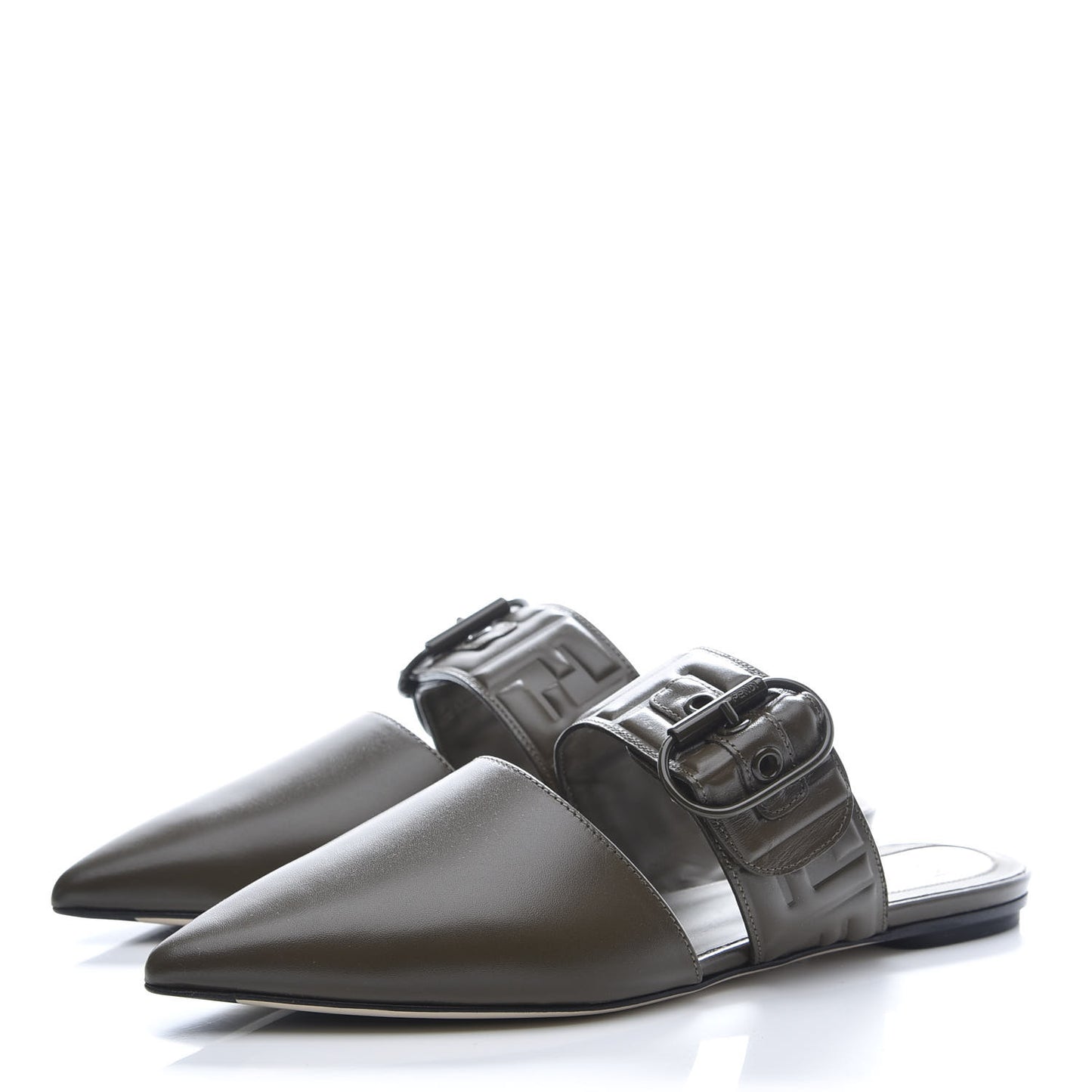 Vitello FF Embossed Buckle Flat Mules 37.5 Wood