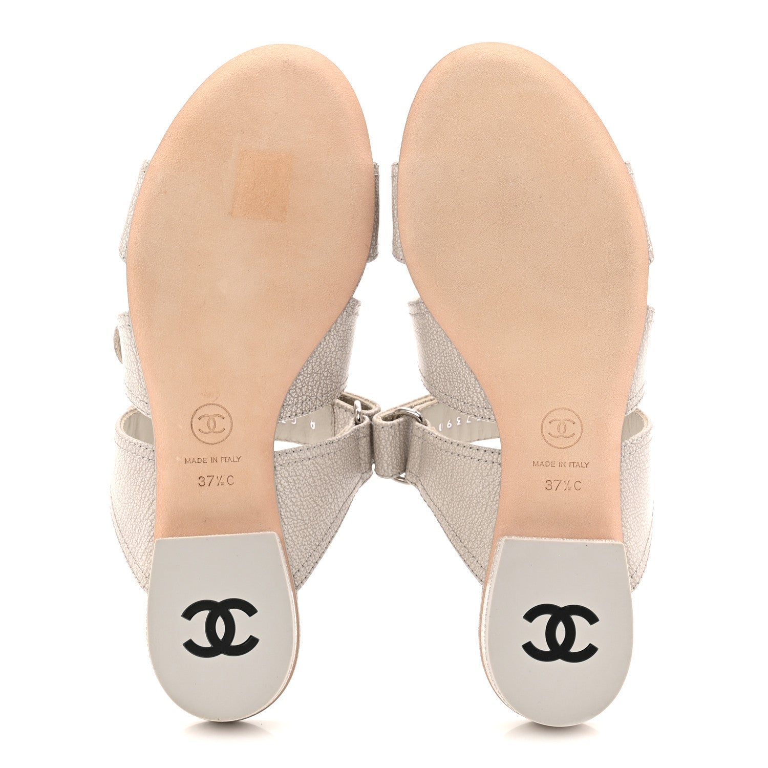 Chanel Iridescent Calfskin Logo CC Turnlock Sandals 37.5 Grey