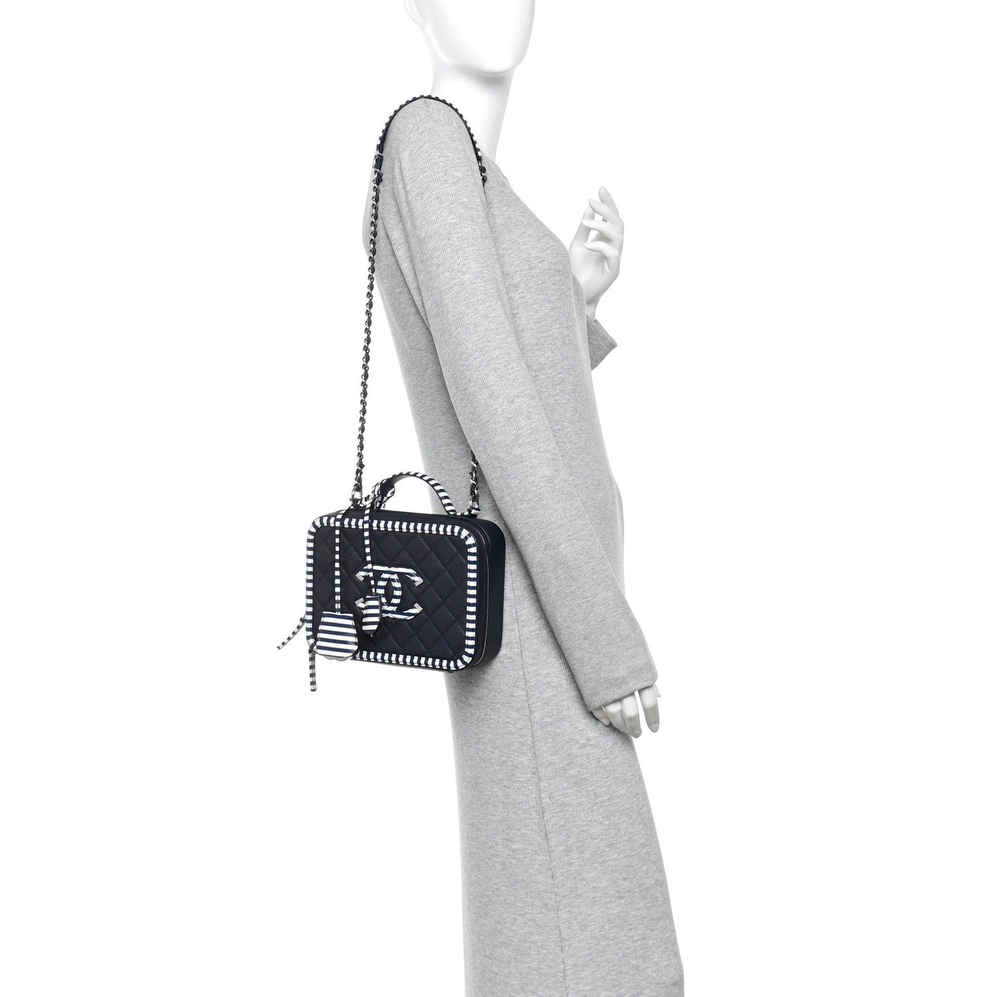 Caviar Quilted Striped Medium CC Filigree Vanity Case Navy White