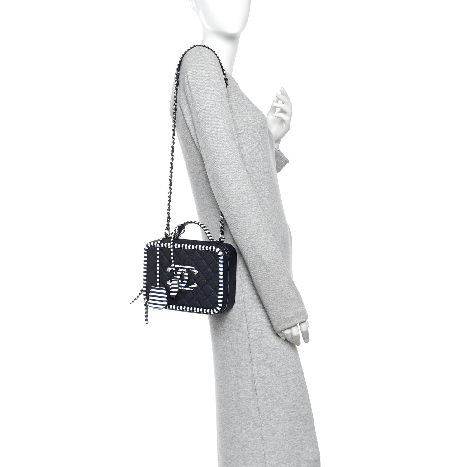 Chanel Caviar Quilted Striped Medium CC Filigree Vanity Case Navy White 2 of 10