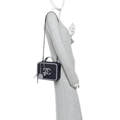 Chanel Caviar Quilted Striped Medium CC Filigree Vanity Case Navy White 2 of 10