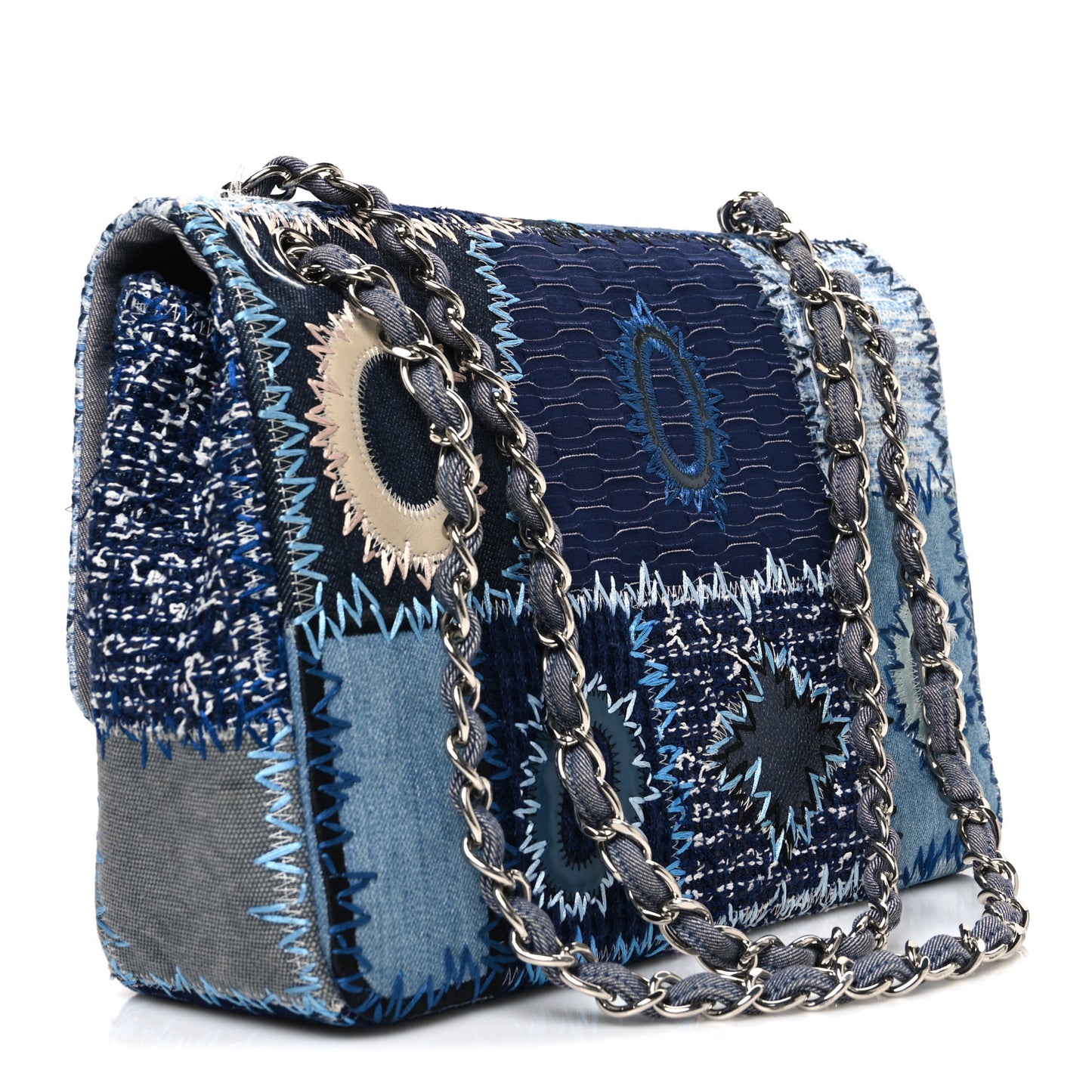 Denim Tweed Patchwork Jumbo Single Flap Blue