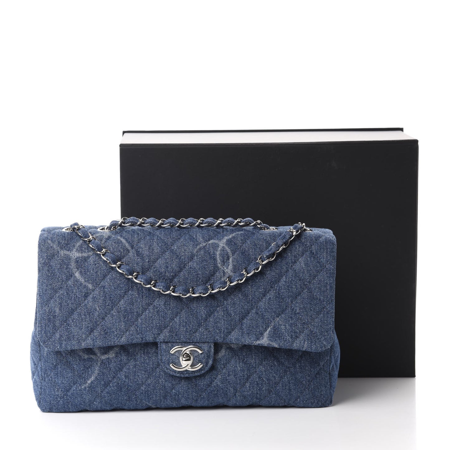 Denim Quilted CC Print Jumbo Single Flap Blue