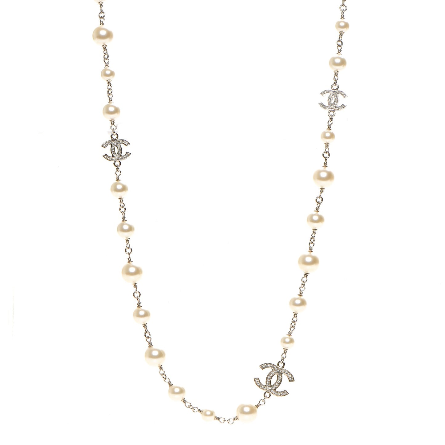 Crystal Pearl CC Long Necklace Silver