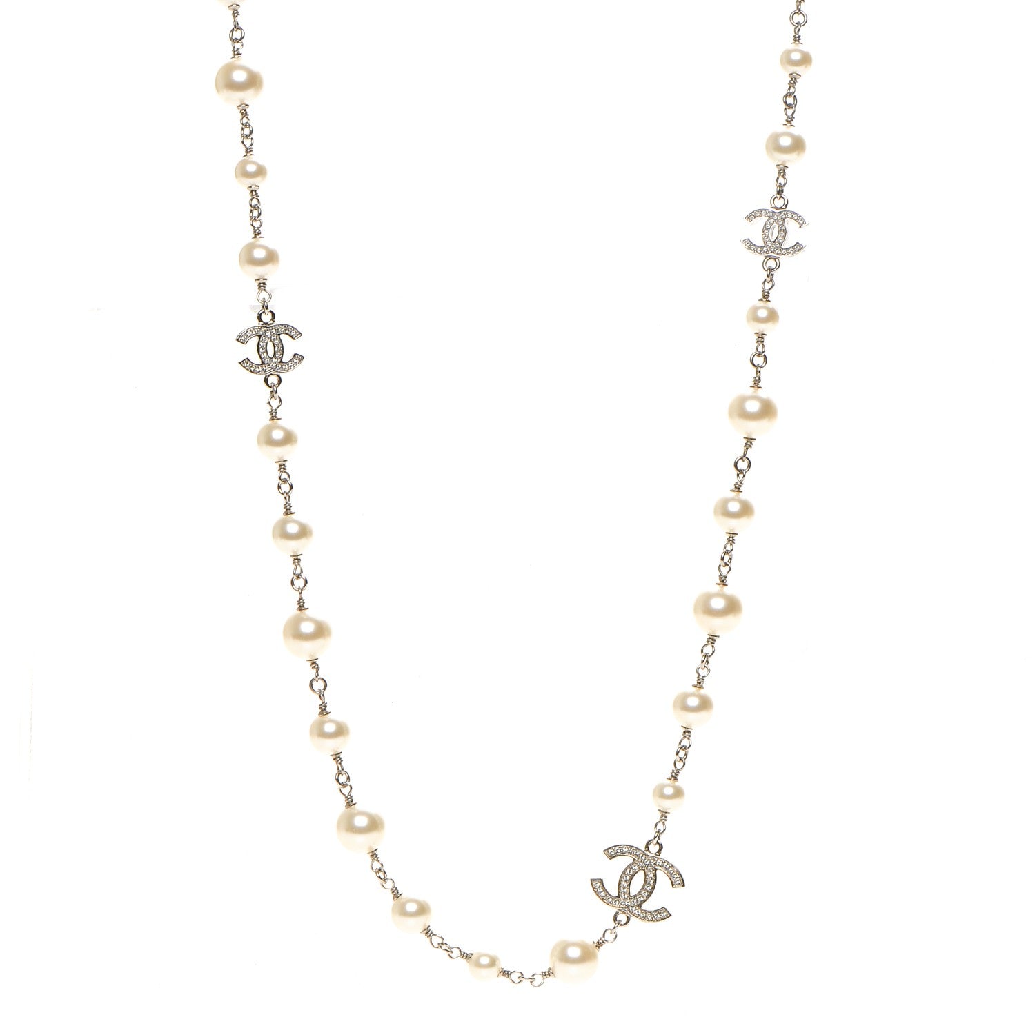 Chanel Crystal Pearl CC Long Necklace Silver 1 of 4