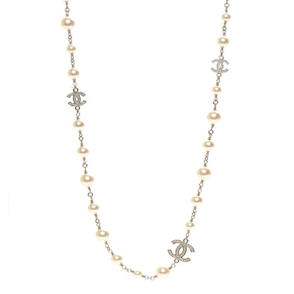 Chanel Crystal Pearl CC Long Necklace Silver 1 of 4