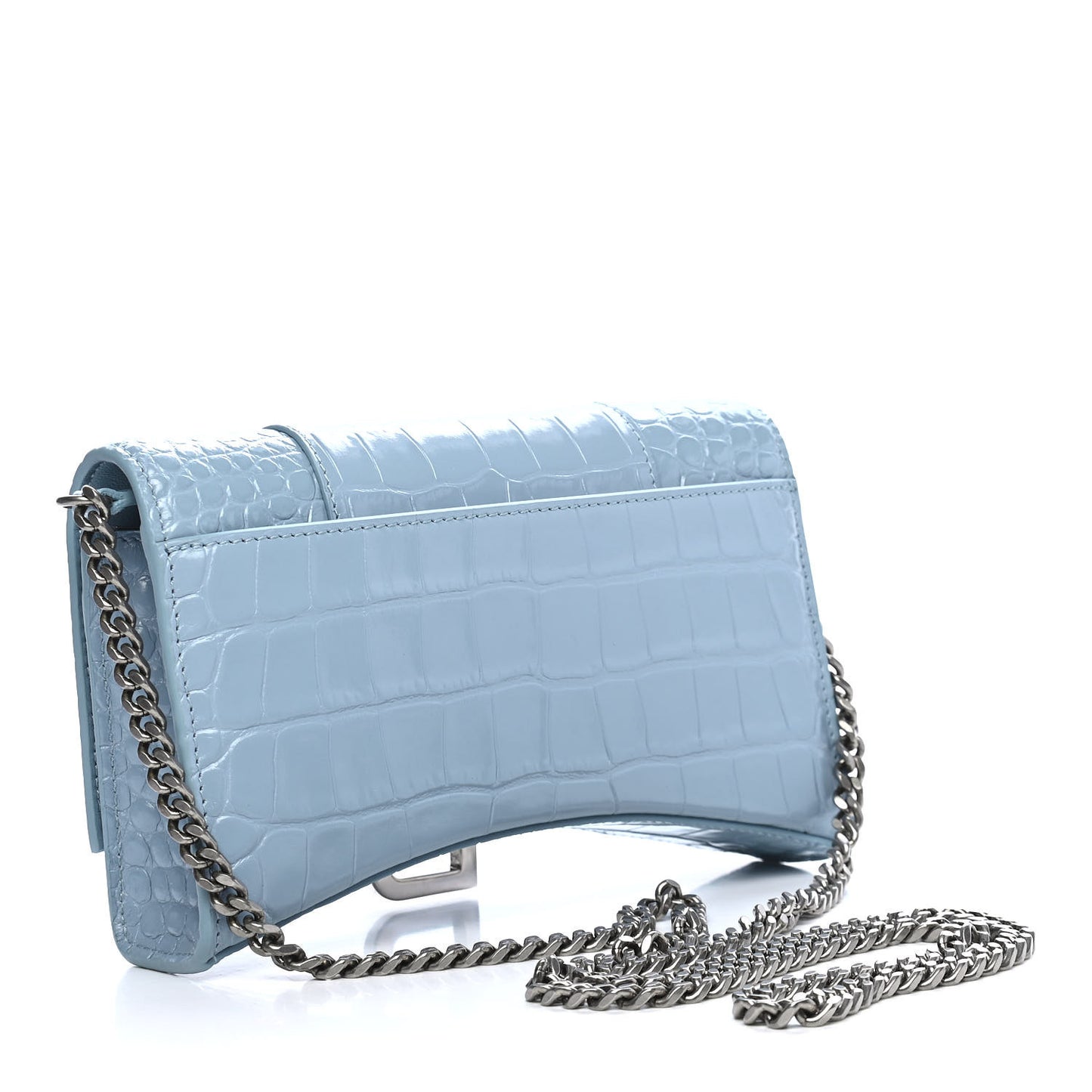 Shiny Calfskin Crocodile Embossed Hourglass Chain Bag Blue Grey