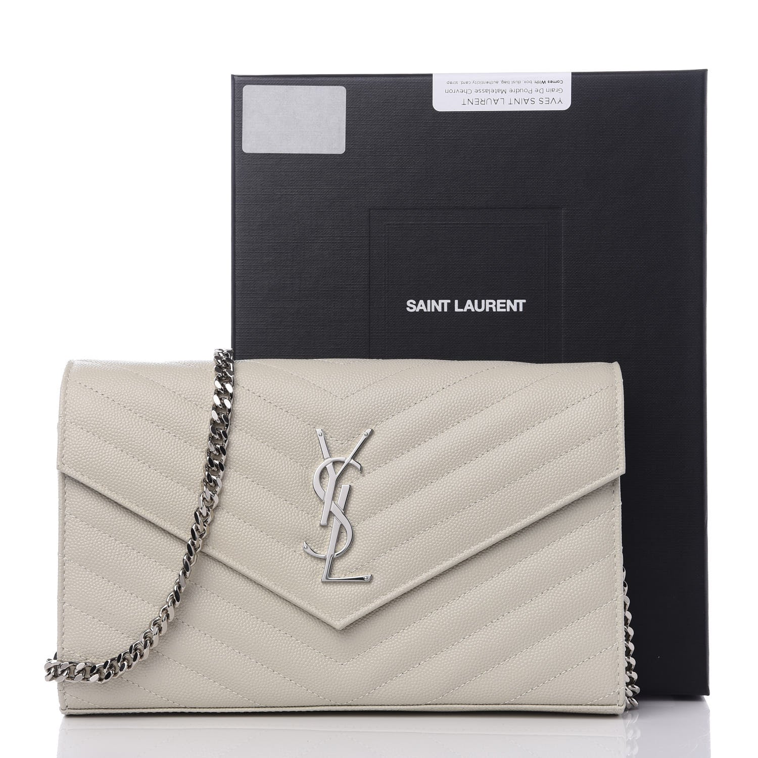 Saint Laurent Grain De Poudre Matelasse Chevron Monogram Chain Wallet Icy White 9 of 9