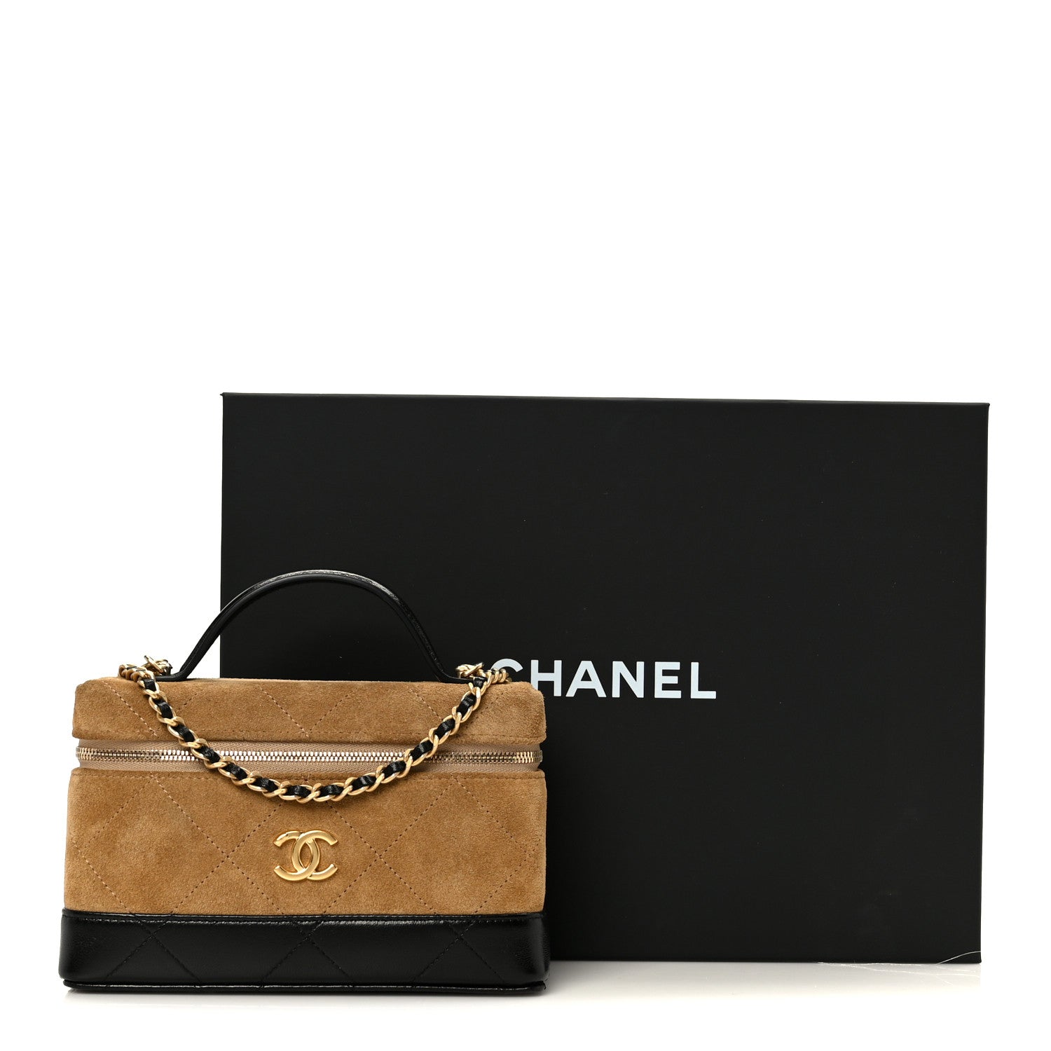 Chanel Suede Calfskin Shiny Lambskin Stitched Top Handle Slim Vanity With Chain Beige Black 11 of 11