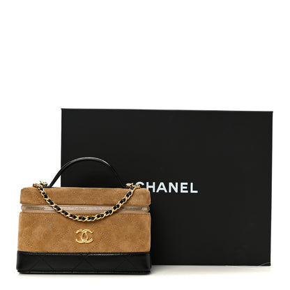 Chanel Suede Calfskin Shiny Lambskin Stitched Top Handle Slim Vanity With Chain Beige Black 11 of 11