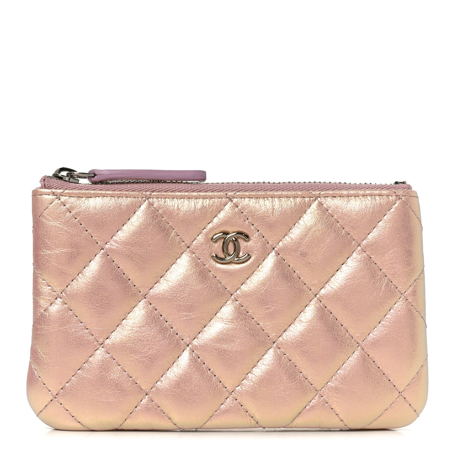 Iridescent Calfskin Quilted Small Cosmetic Case Pink