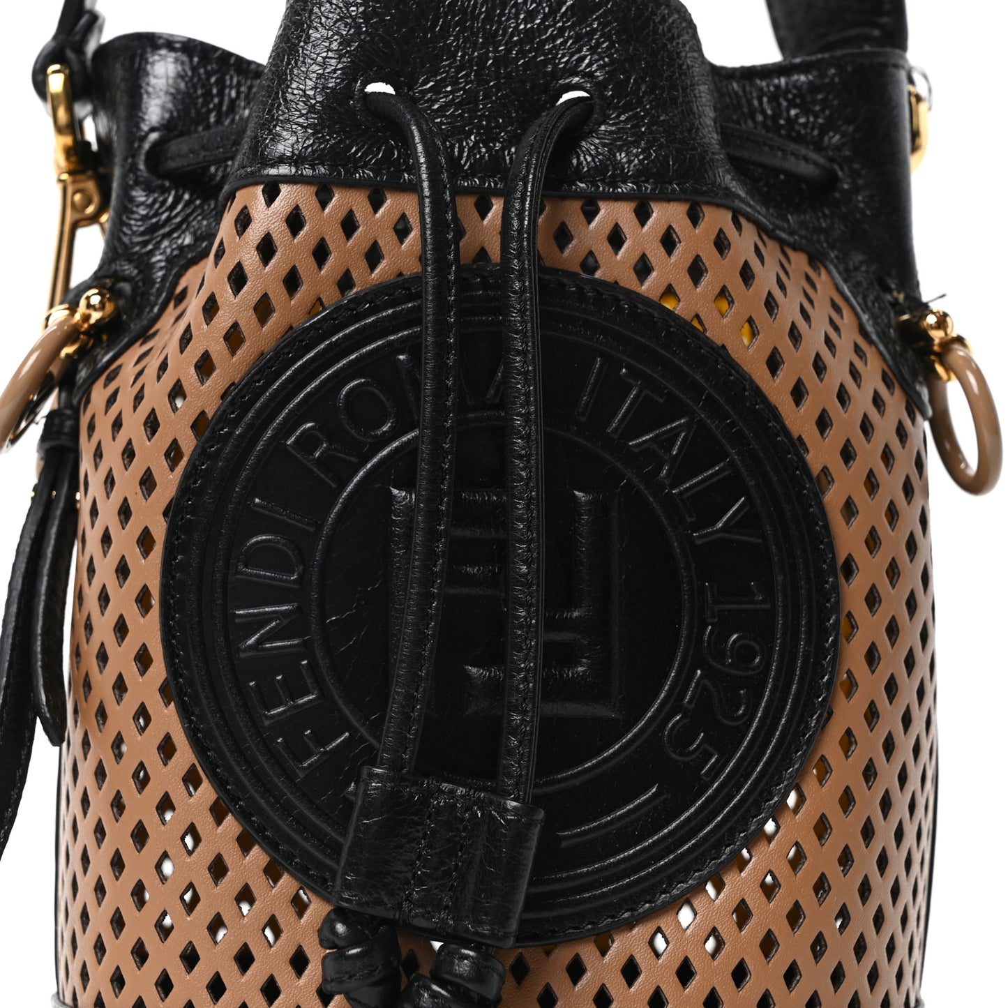 Vitello Liberty Glossy Lambskin F is Fendi Perforated Mini Mon Tresor Bucket Bag Sand Mimosa Black