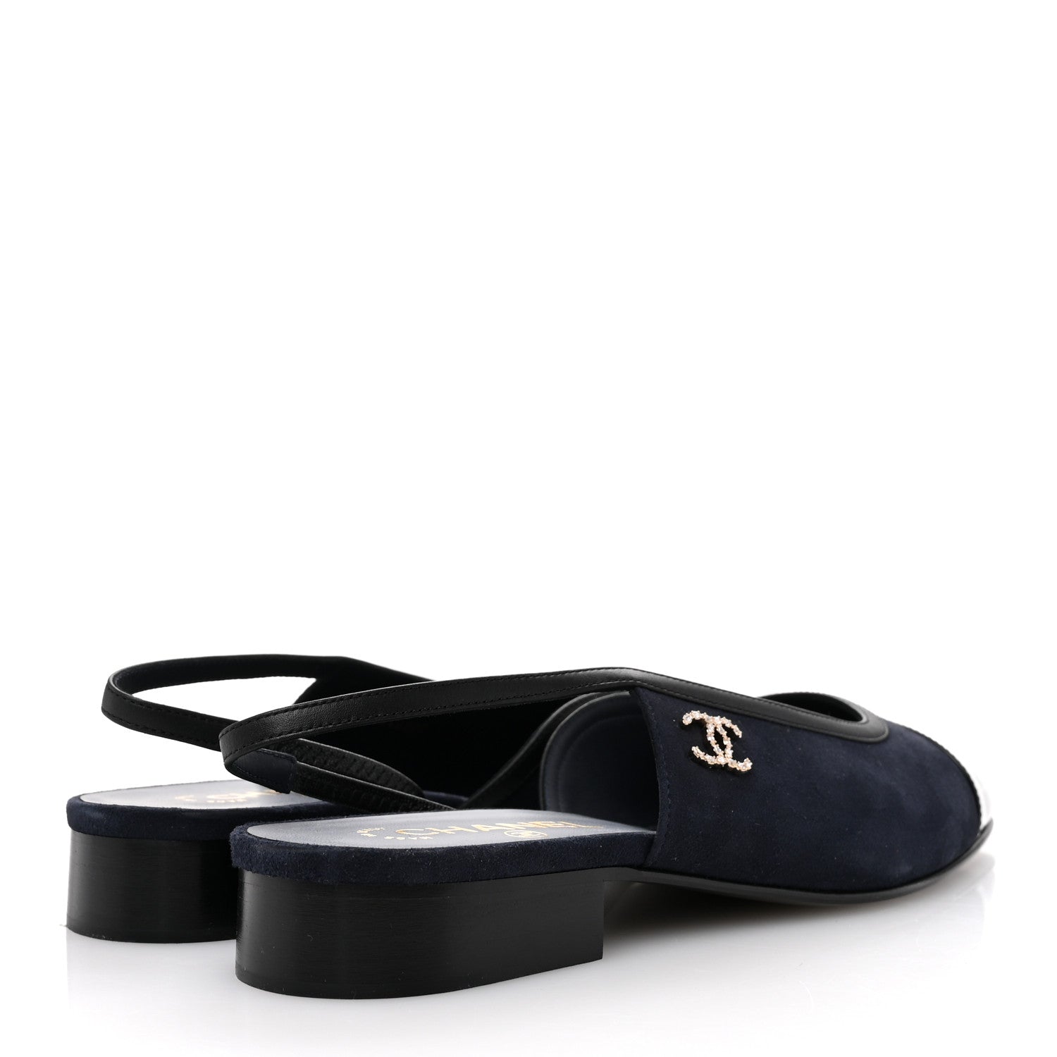 Chanel Suede Patent Crystal CC Cap Toe Slingback Flats 41 Navy Black 5 of 9