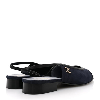 Chanel Suede Patent Crystal CC Cap Toe Slingback Flats 41 Navy Black 5 of 9