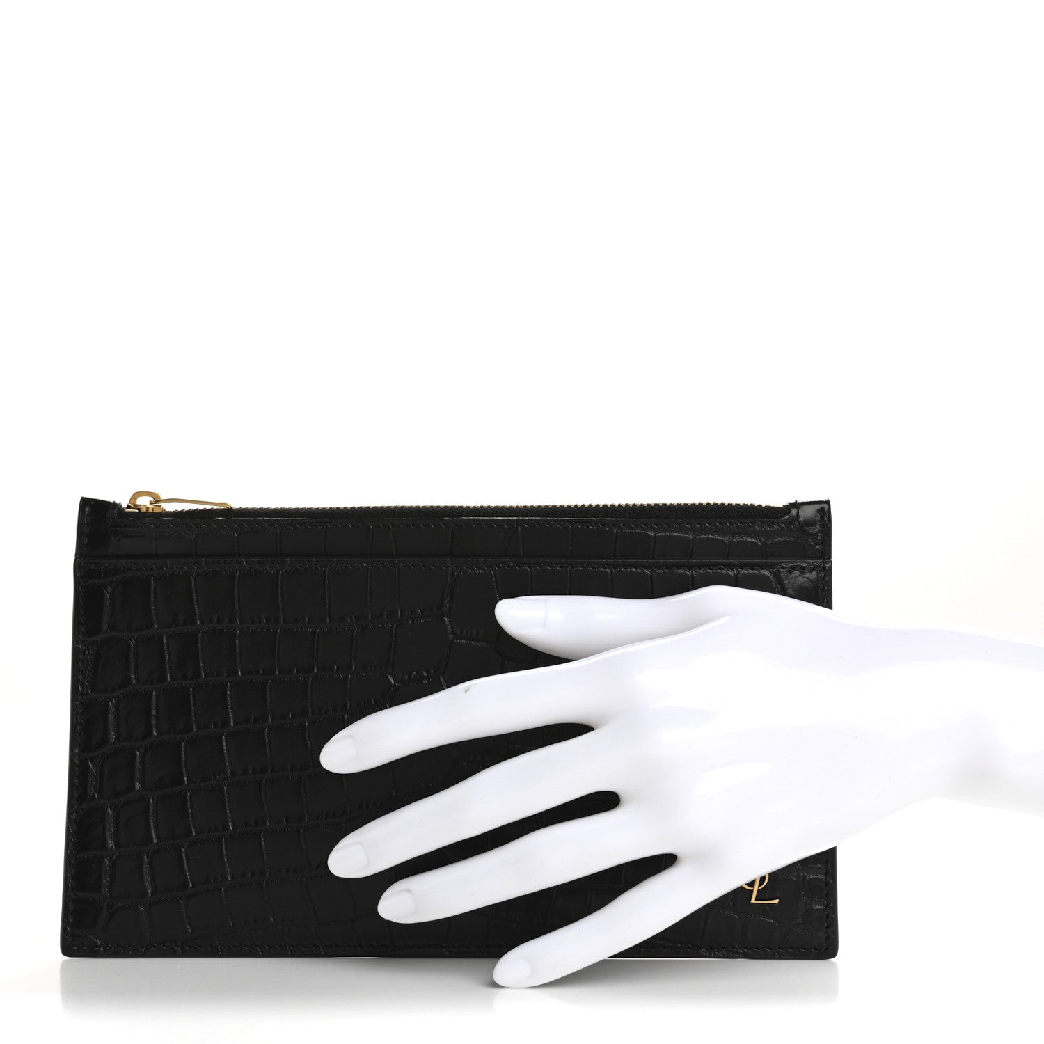 Saint Laurent Calfskin Crocodile Embossed Monogram Bill Pouch Black 2 of 11