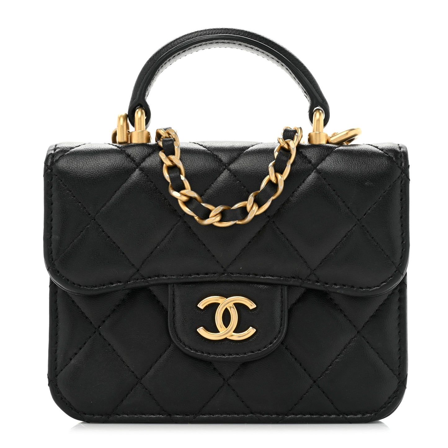 Lambskin Quilted Top Handle Flap Coin Purse With Chain Black