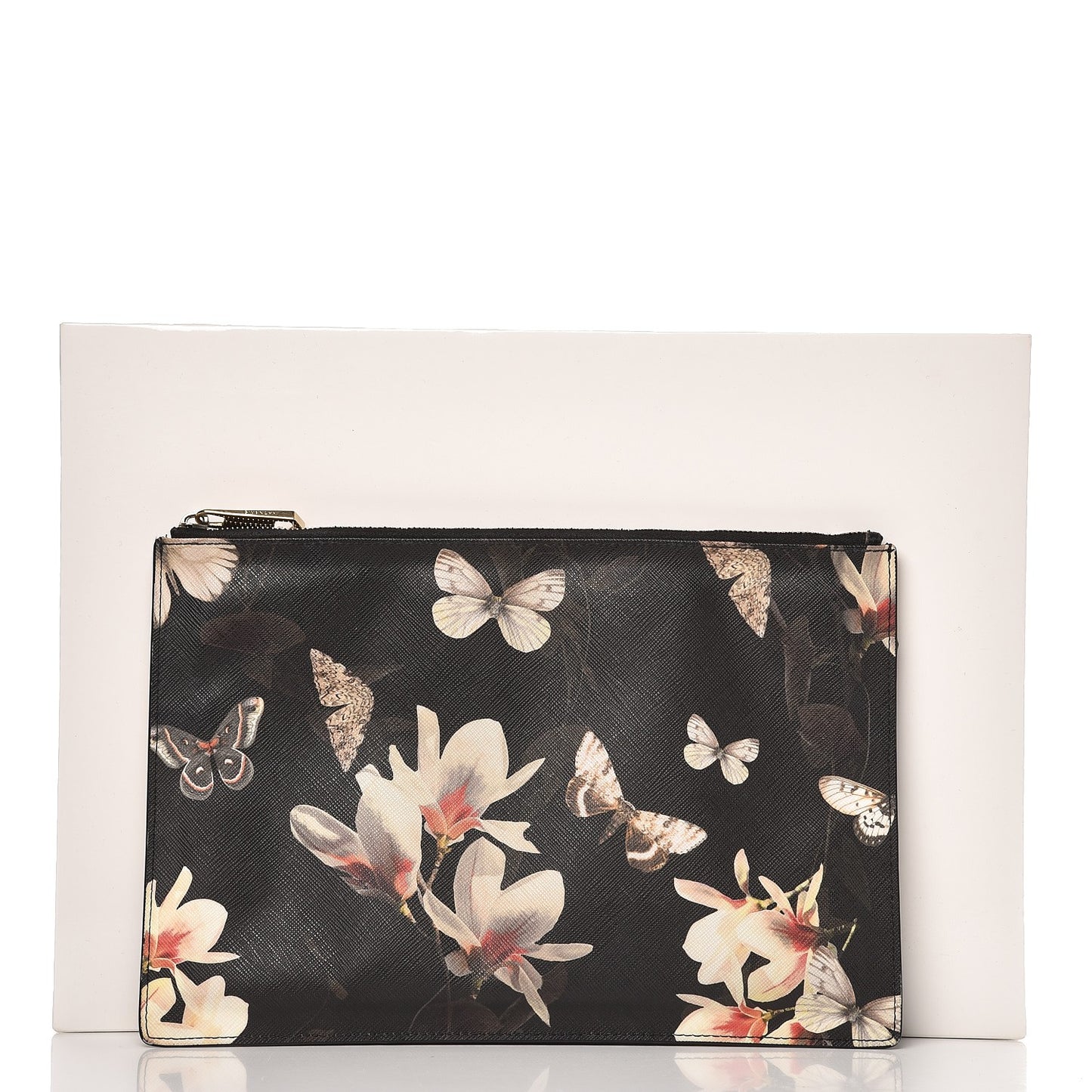 Textured Coated Canvas Magnolia and Moth Print Large Zip Pouch Black