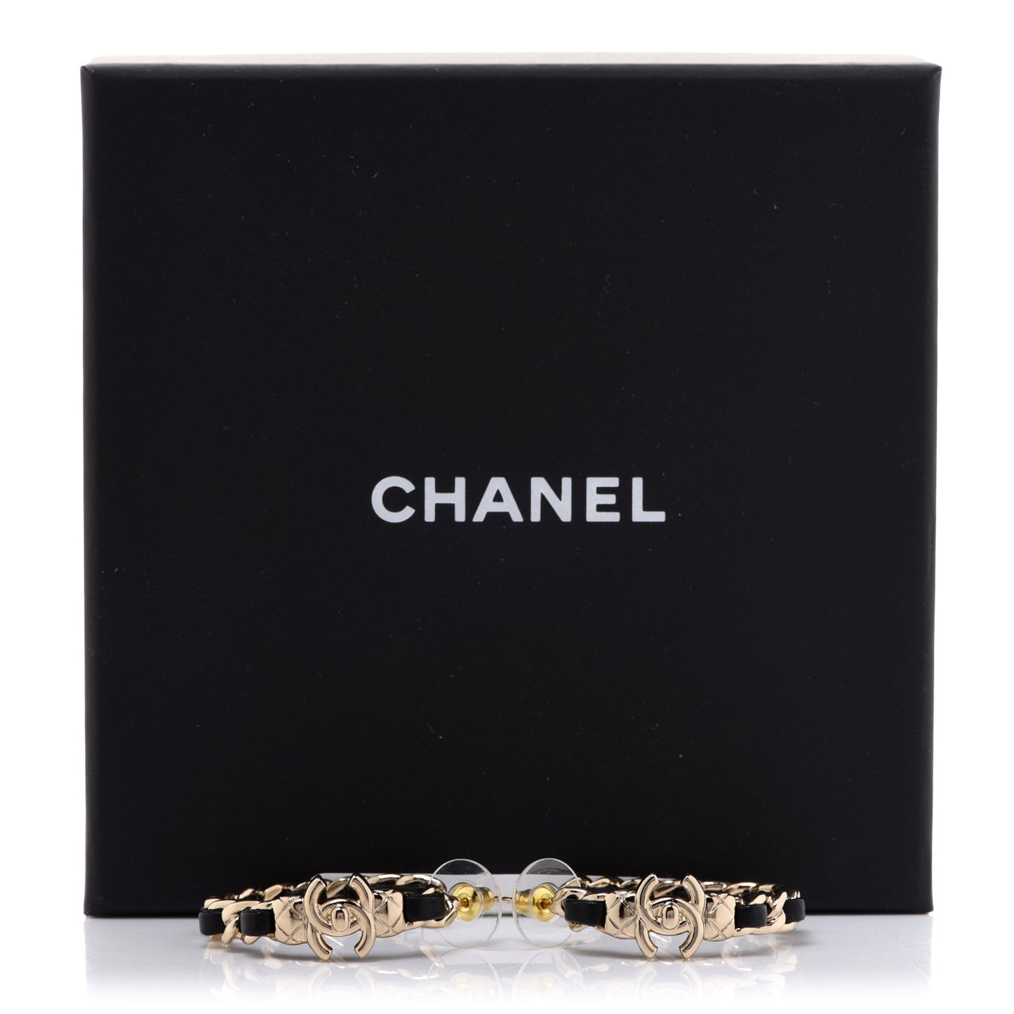 Metal Lambskin Quilted CC Turnlock Chain Hoop Earrings Gold Black