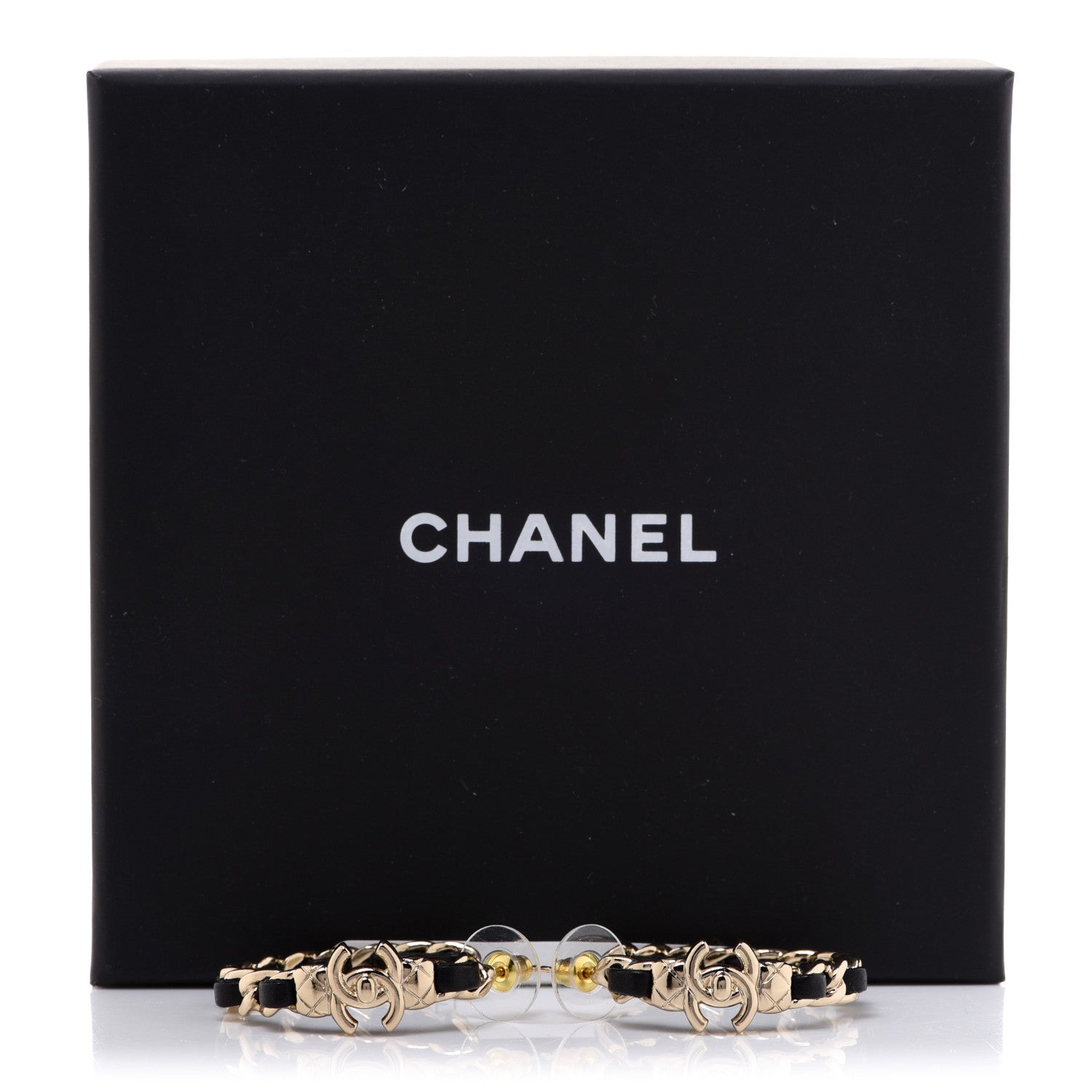 Chanel Metal Lambskin Quilted CC Turnlock Chain Hoop Earrings Gold Black 5 of 5