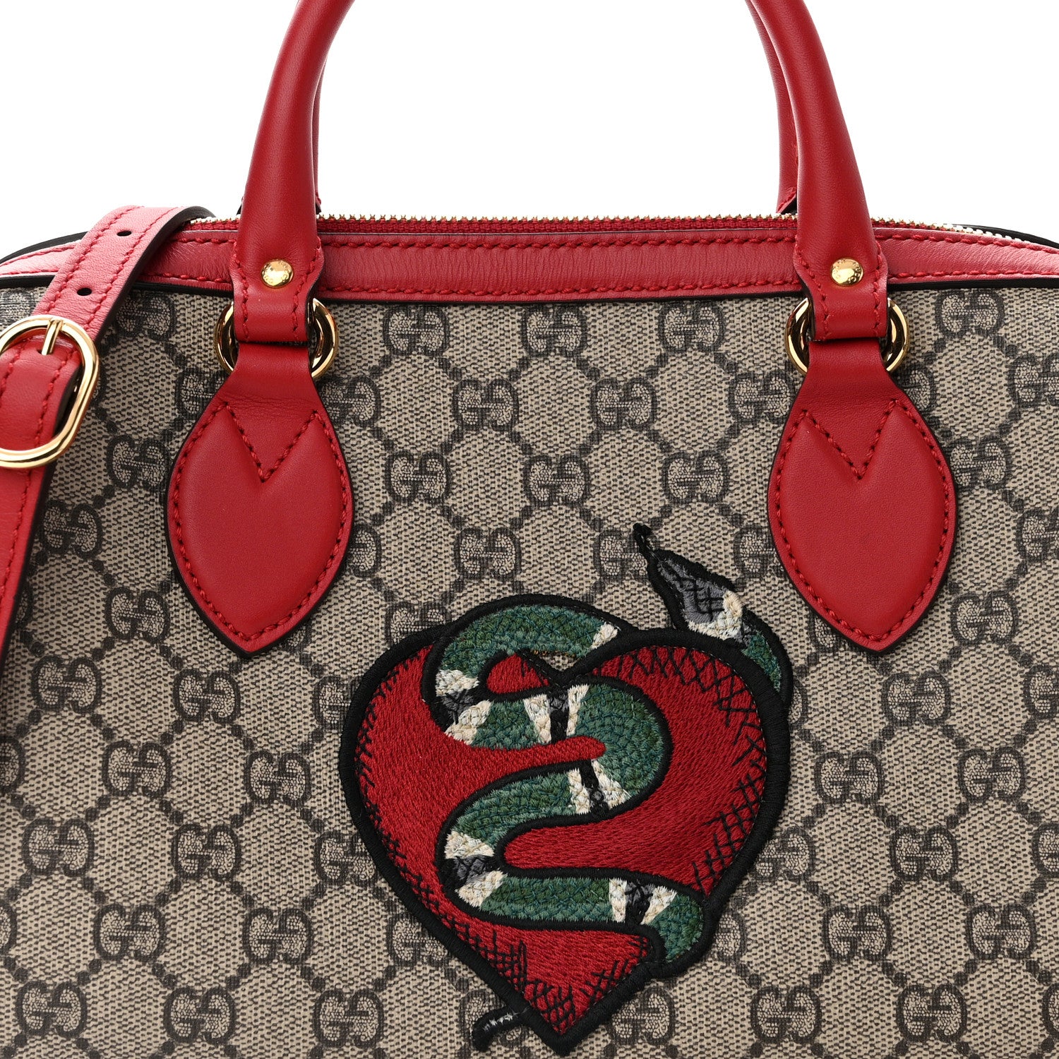Gucci GG Supreme Monogram Kingsnake Heart Embroidered Small Boston Red 8 of 13