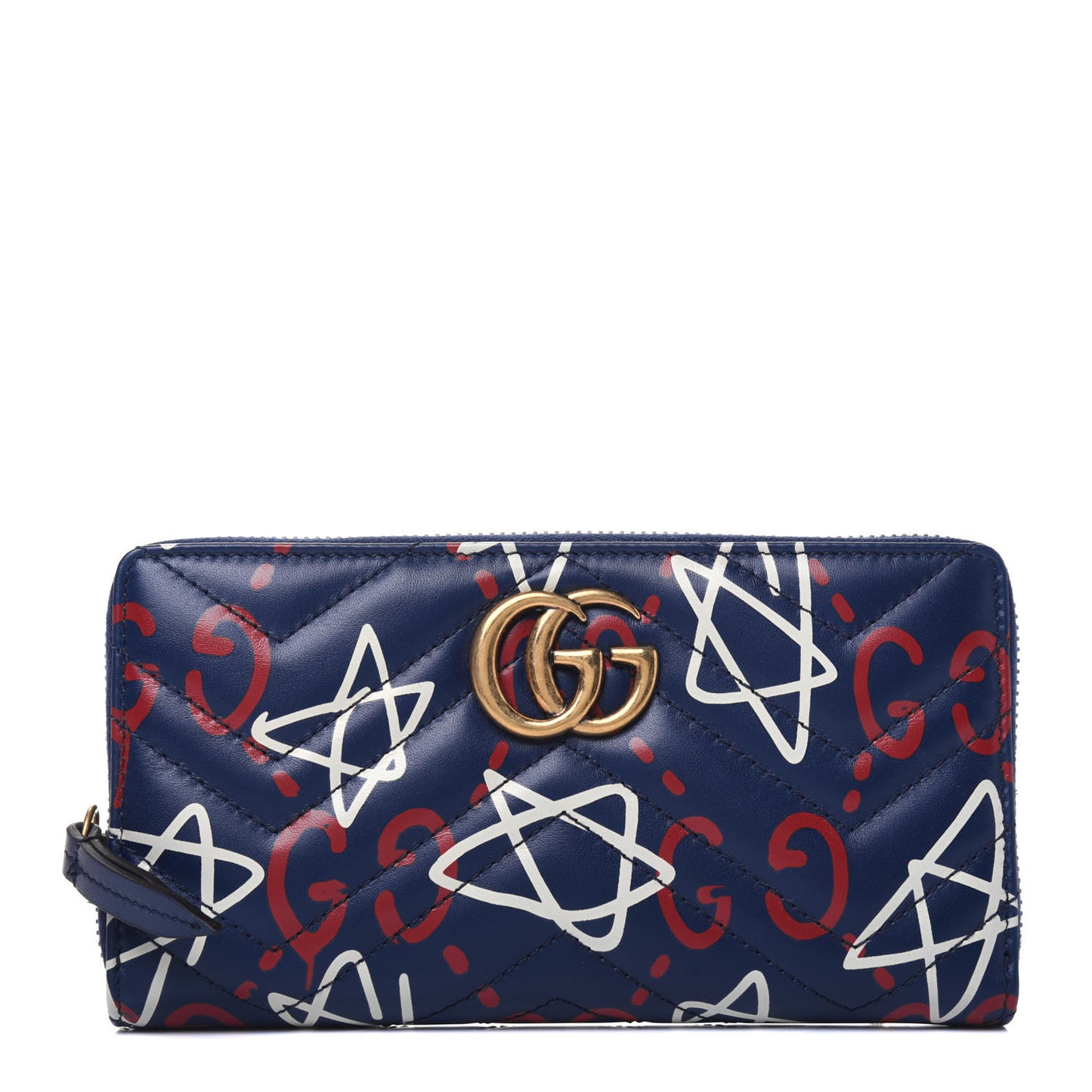 Calfskin Matelasse GucciGhost GG Marmont Zip Around Wallet Blue Agata Hibiscus Red