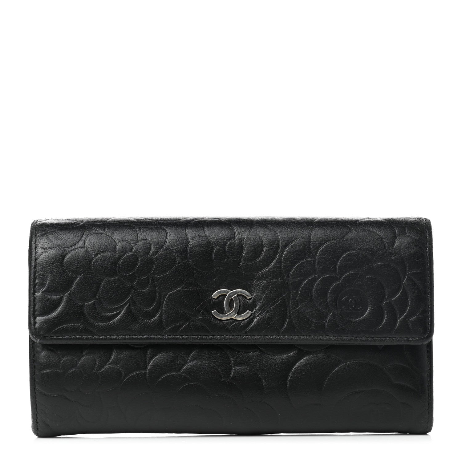 Chanel Lambskin Camellia Embossed Flap Wallet Black 1 of 15