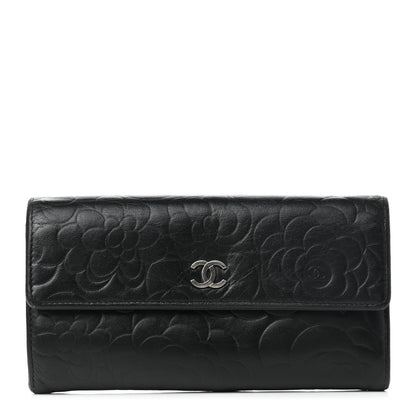 Chanel Lambskin Camellia Embossed Flap Wallet Black 1 of 15