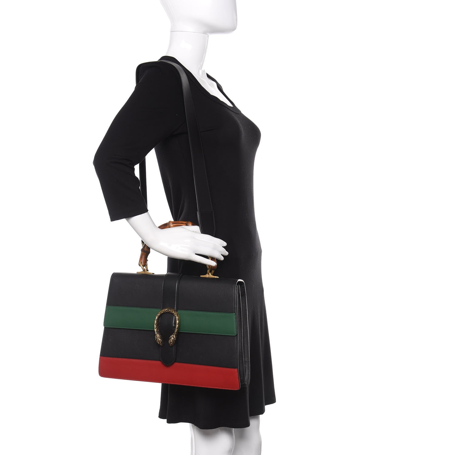 Gucci Calfskin Bamboo Web Large Dionysus Top Handle Bag Black Bright Evergreen Hibiscus Red 2 of 10