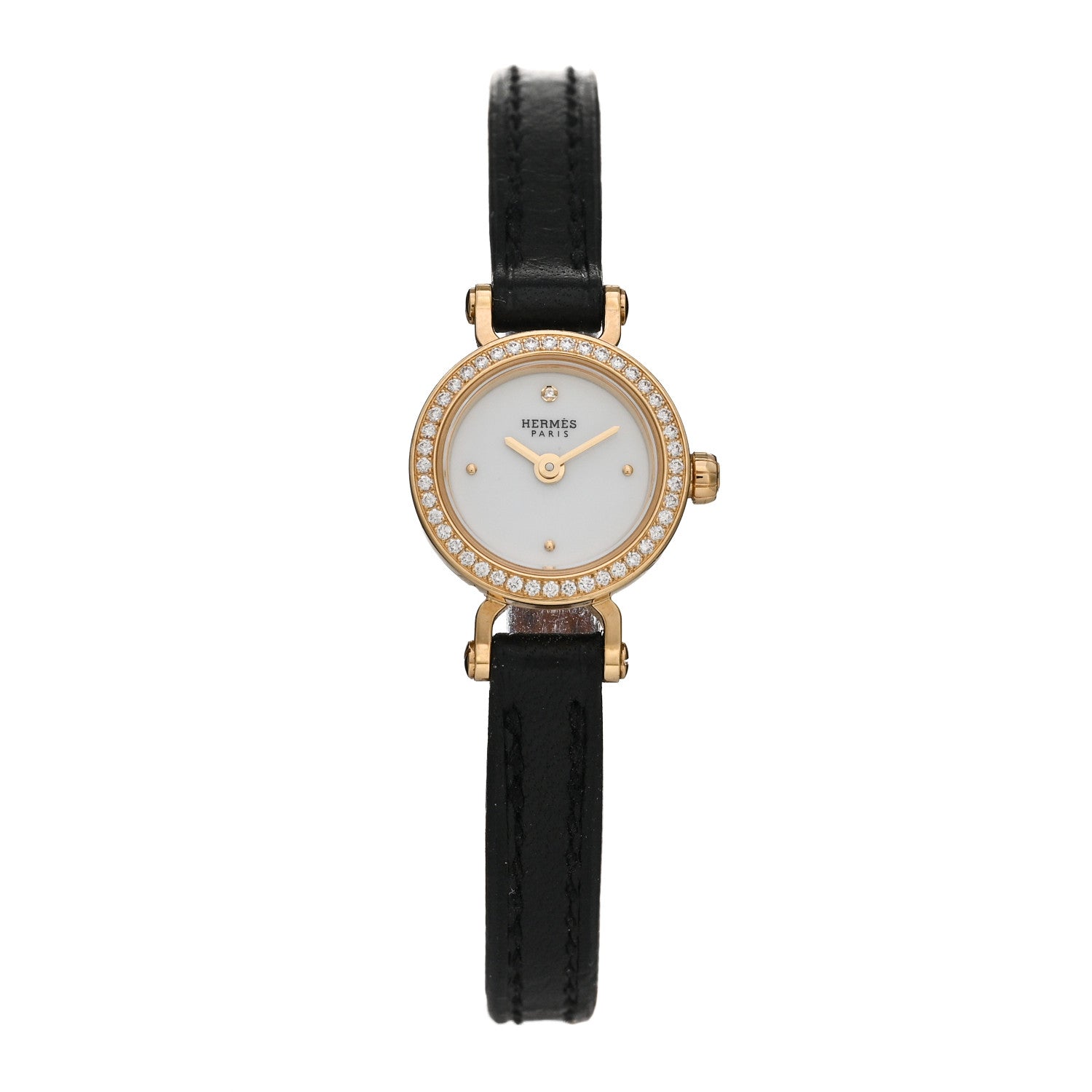 Hermes 18K Yellow Gold Barenia Diamond 16mm Faubourg Quartz Watch Noir 1 of 5