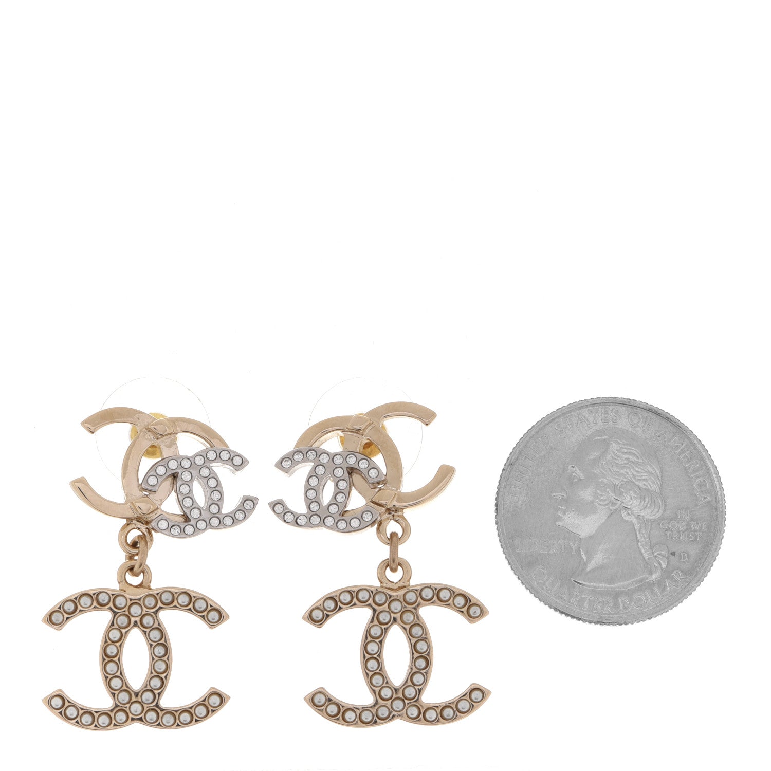 Chanel Crystal Pearl Double CC Drop Earrings Gold Silver 2 of 5