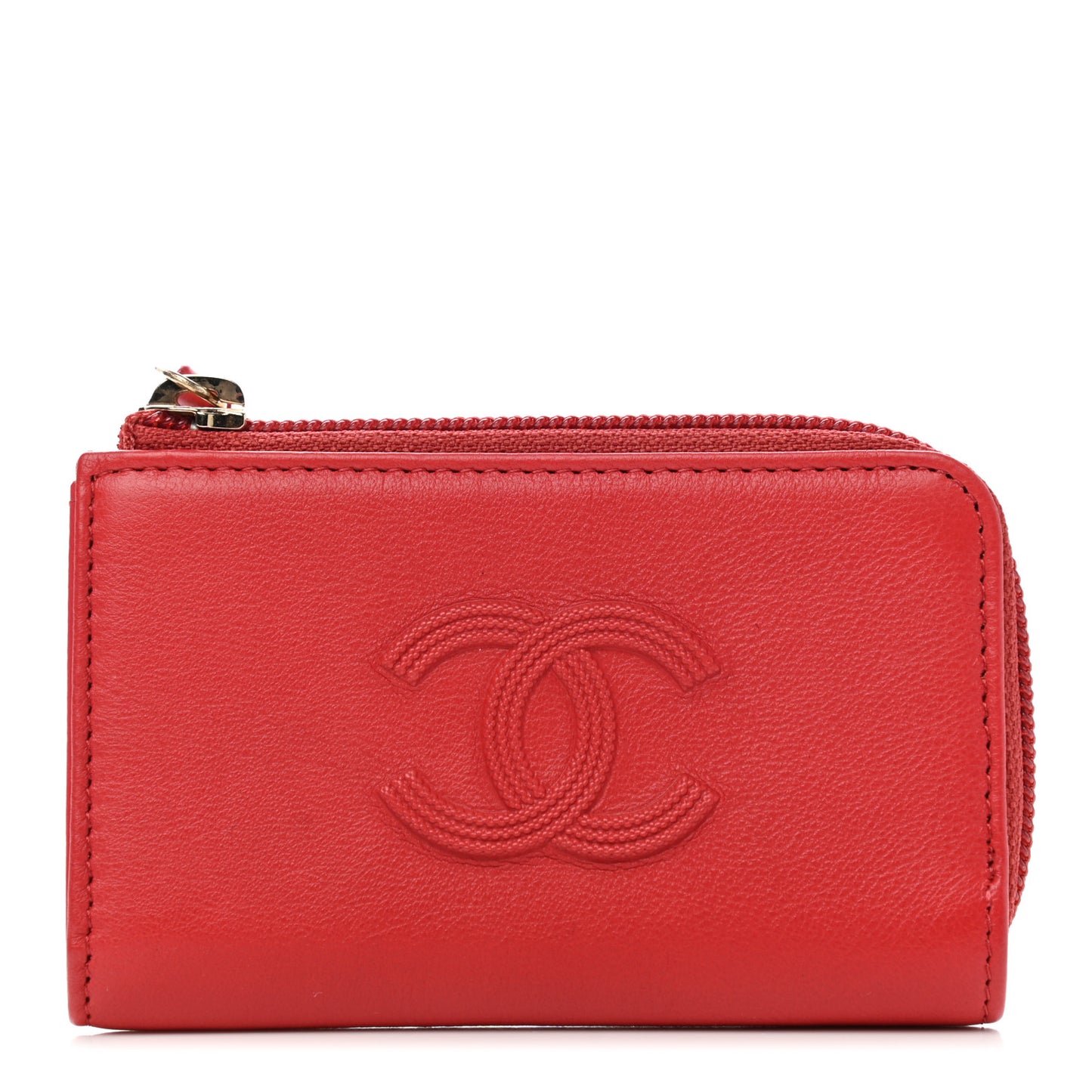 Calfskin Chain Embossed CC Key Holder Case Light Red
