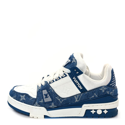 Louis Vuitton Calfskin Embossed Monogram Denim Womens LV Trainer Sneakers 37 Blue 1 of 10