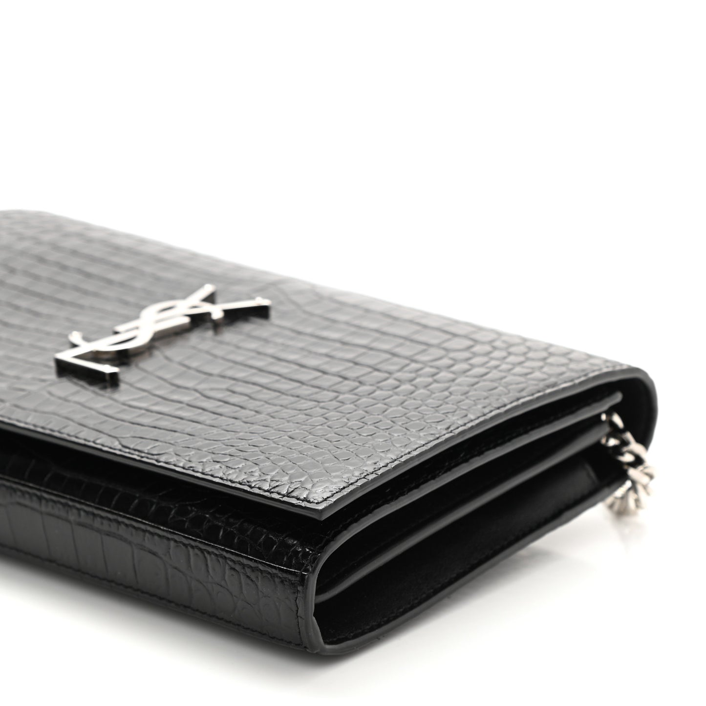 Calfskin Crocodile Embossed Monogram Chain Wallet Black