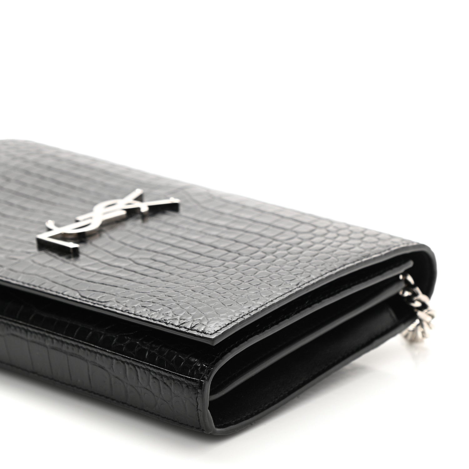 Saint Laurent Calfskin Crocodile Embossed Monogram Chain Wallet Black 8 of 8