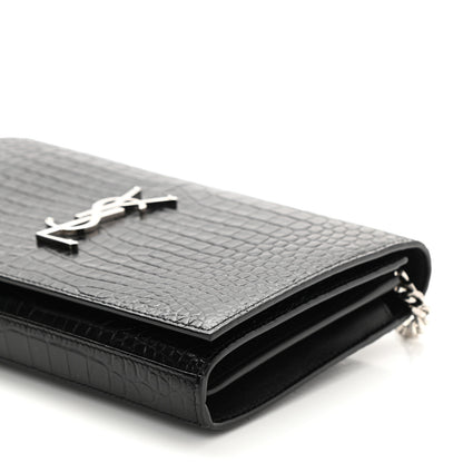 Saint Laurent Calfskin Crocodile Embossed Monogram Chain Wallet Black 8 of 8