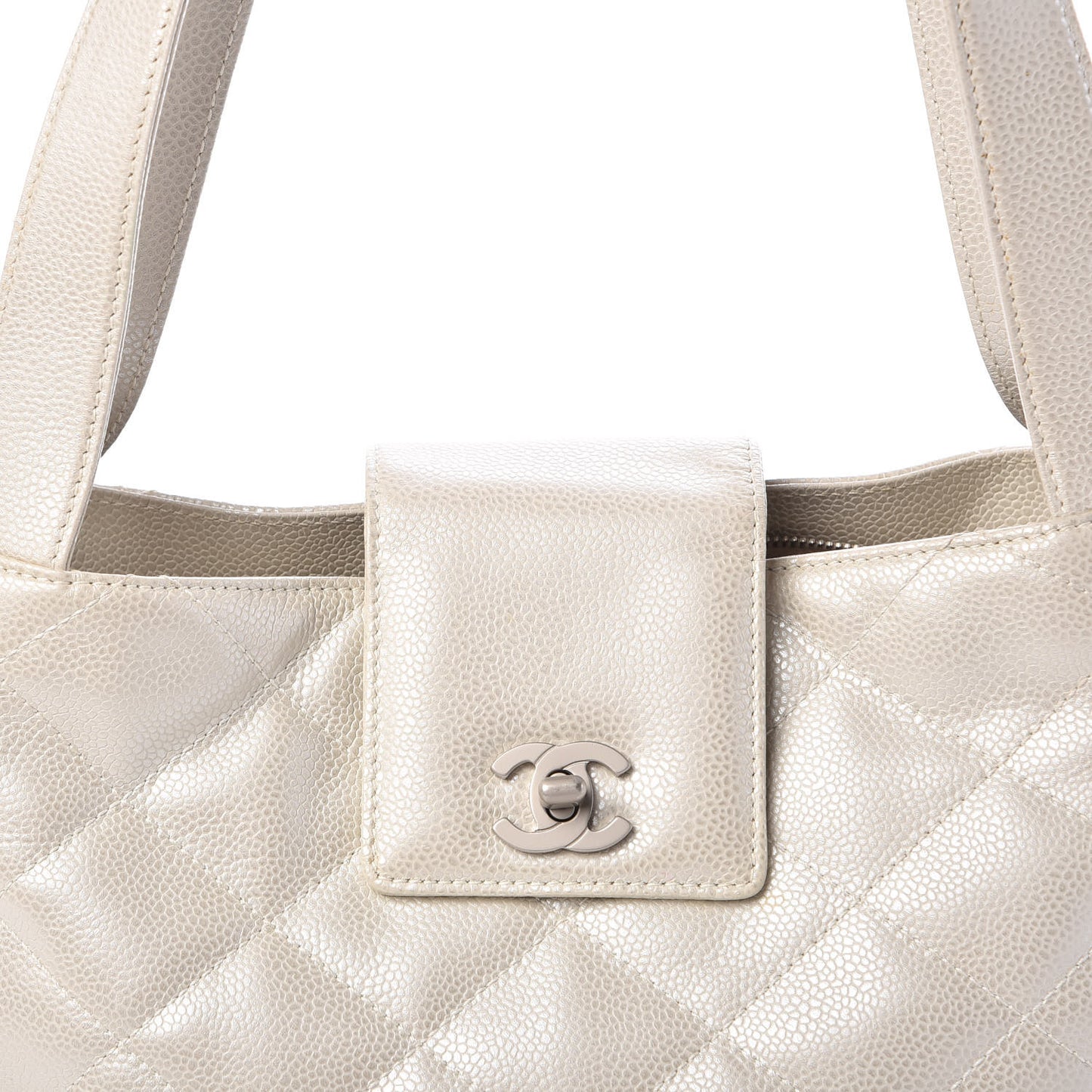 Metallic Caviar Quilted Shoulder Bag White