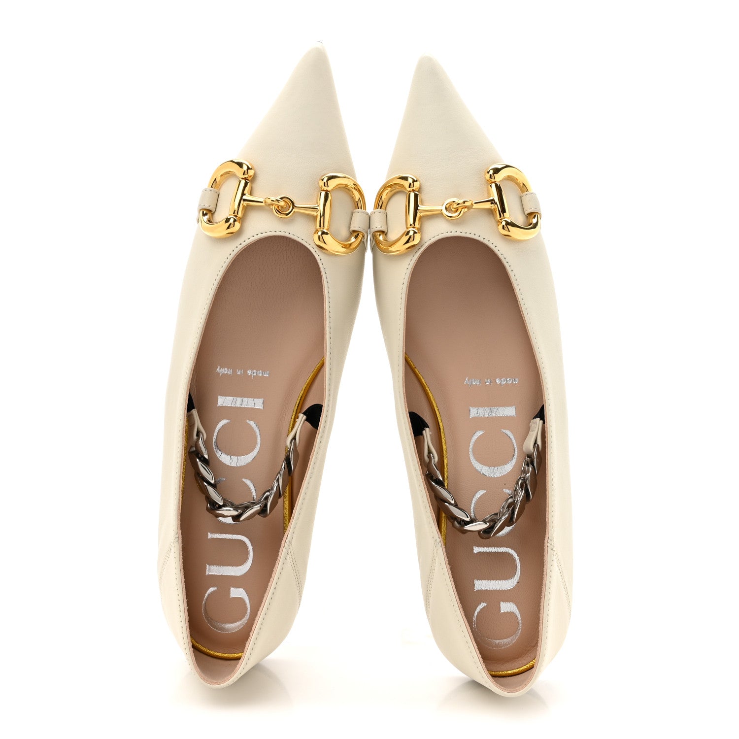 Gucci Nappa Lumiere Deva Horsebit Chain Embellished Flats 35.5 Dusty White 2 of 10