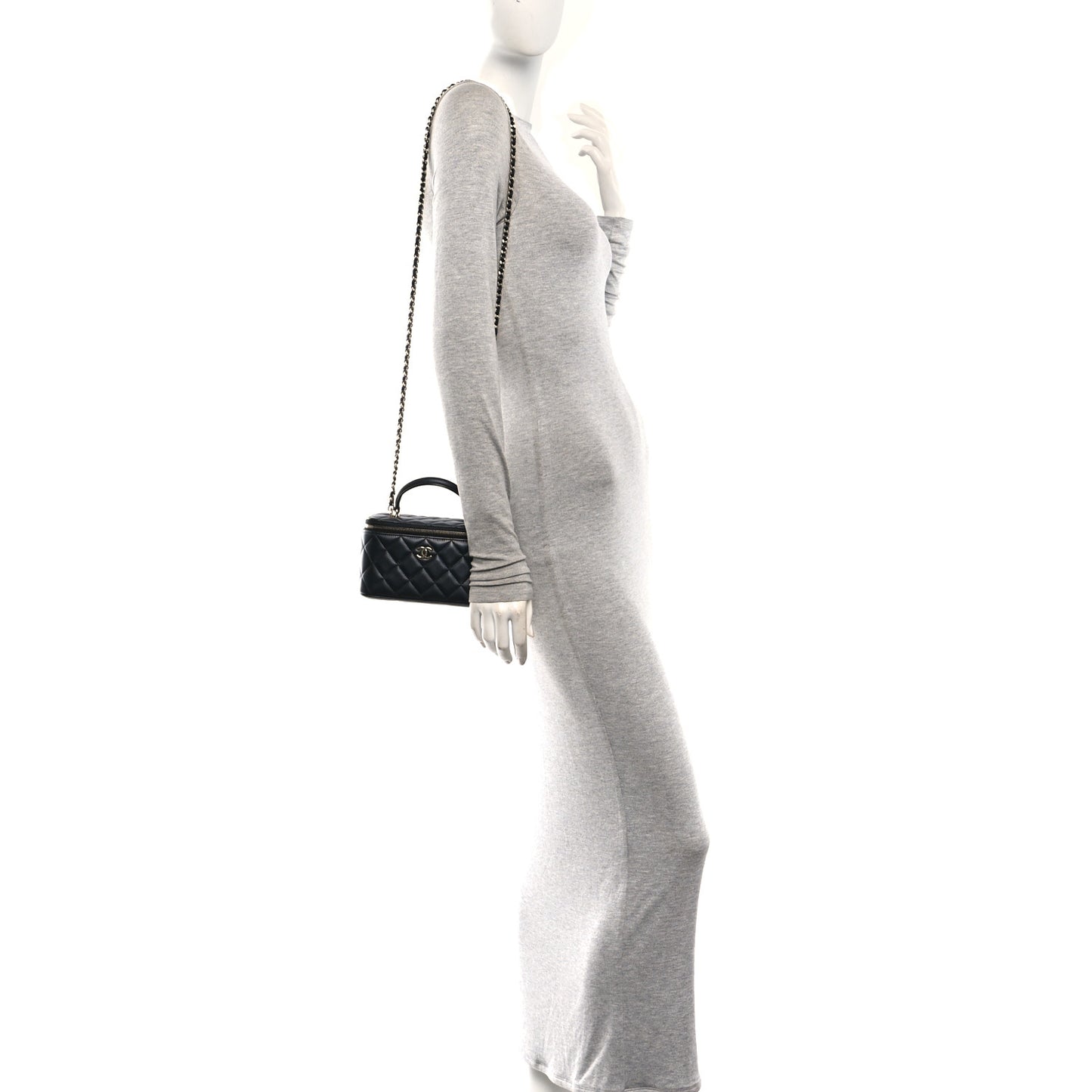 Lambskin Quilted Small Top Handle Vanity Case With Chain Black