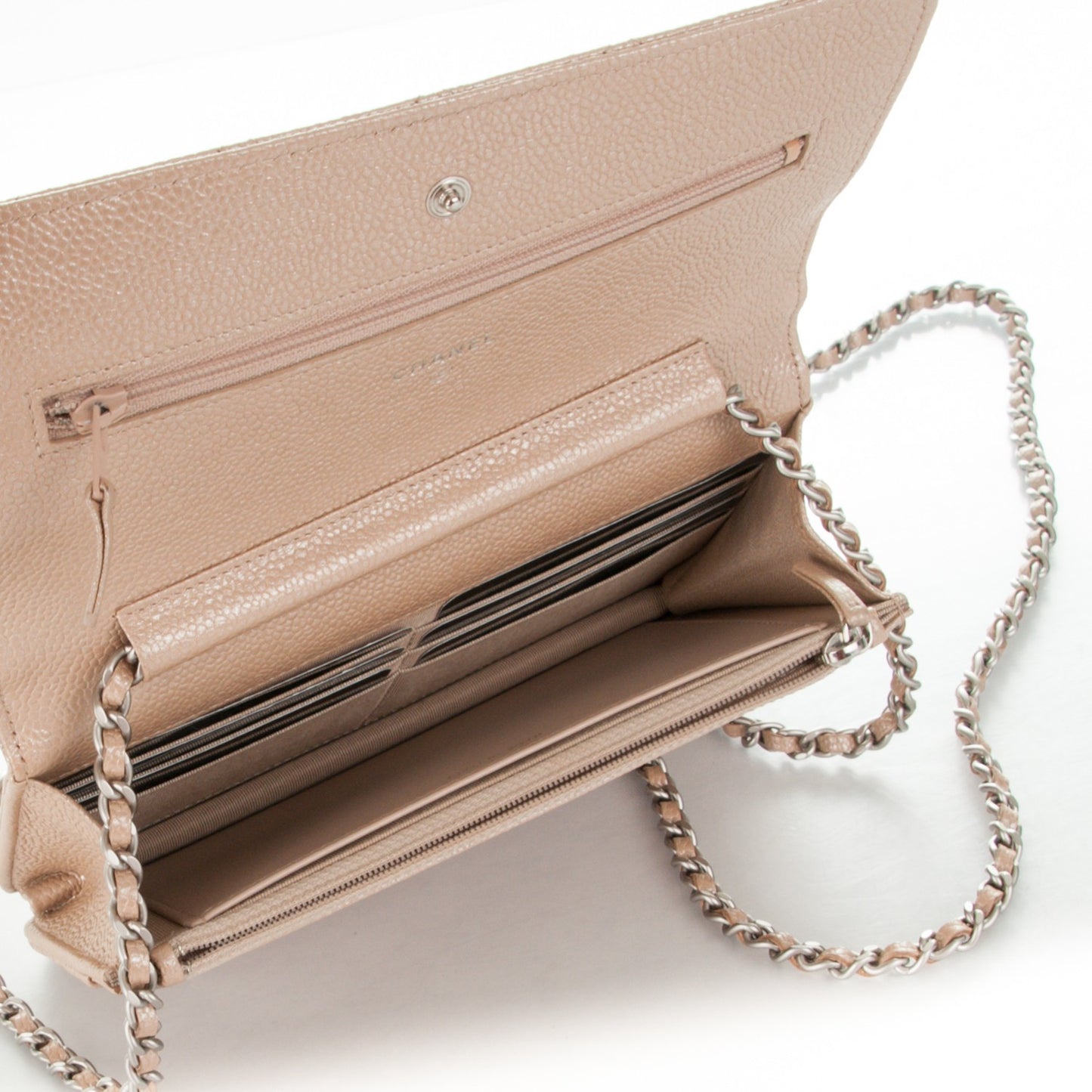 Metallic Caviar Quilted Wallet on Chain WOC Beige