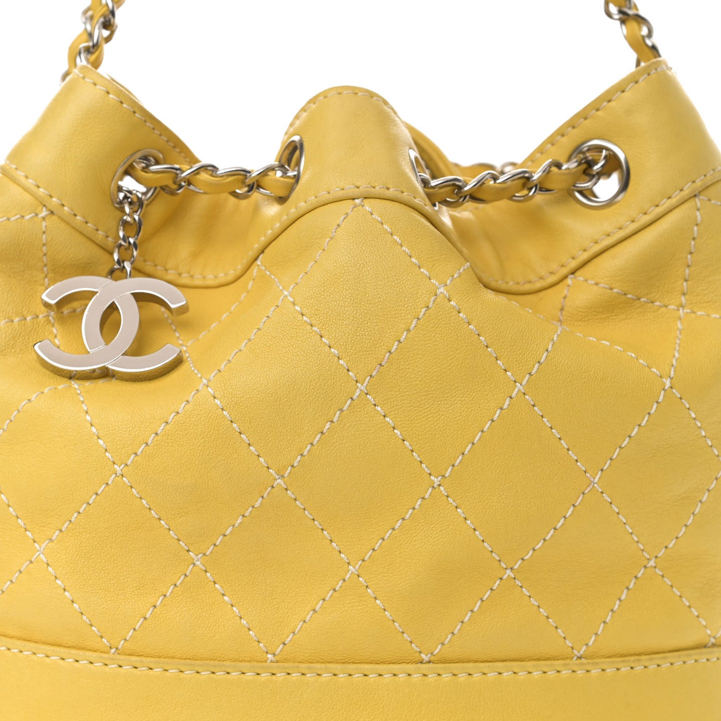 Lambskin Contrast Stitch Drawstring Tote Yellow